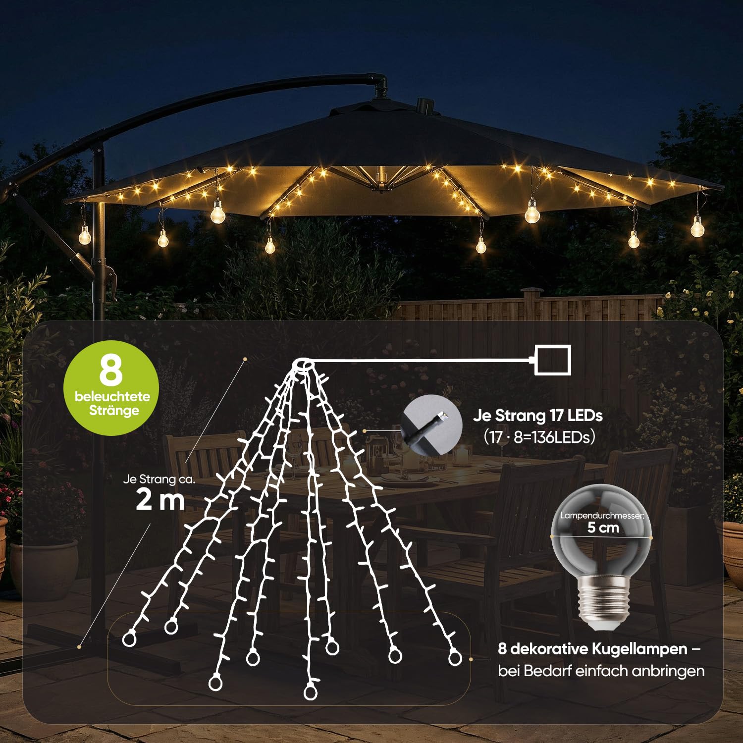 Sekey Luz para Sombrilla Solar con 136 LEDs y 8 Bombillas, Cadena de Luces para Sombrilla, Válida también para Parasol Excéntrico, 8 Modos + Mando a Distancia, para Patio, Exterior