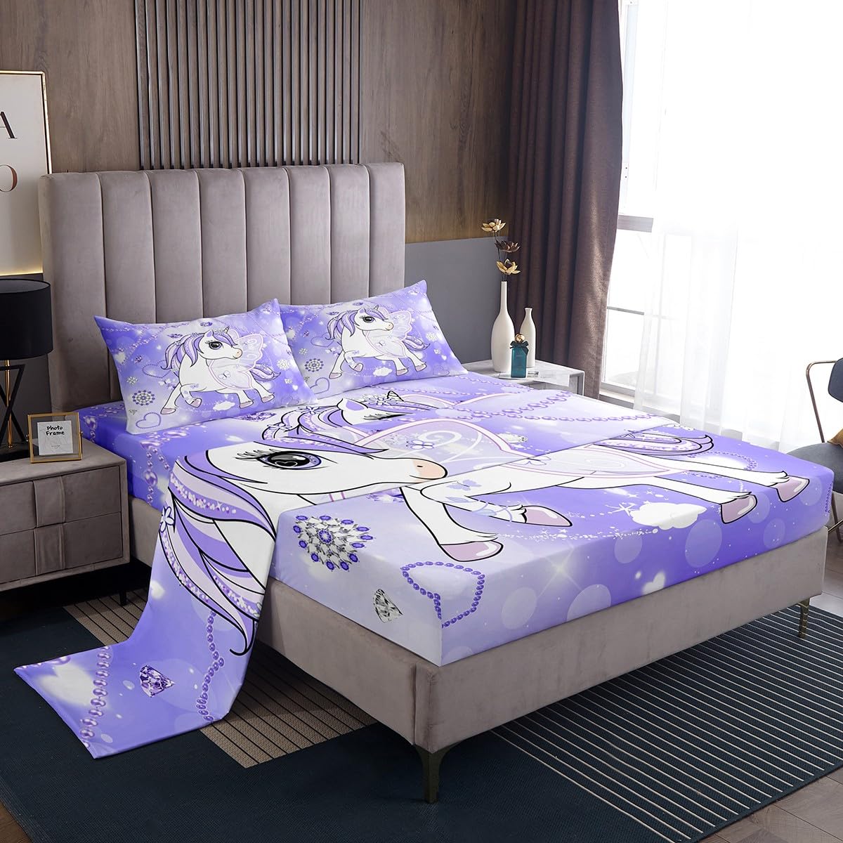 Juego de sábanas de unicornio tamaño King con 2 fundas de almohada, estampado floral, juego de sábanas de unicornio para niñas, juego de ropa de cama de unicornio morado oscuro para niños, niñas y