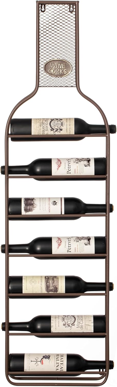 Vintiquewise Decorative Wall-Mounted 7-Bottle Metal Wine Rack with Mesh Cork Catcher, Stylish Champagne, White, and Red Wine Storage for Living Room, Kitchen, Dining Room, and Bar Décor, Brown