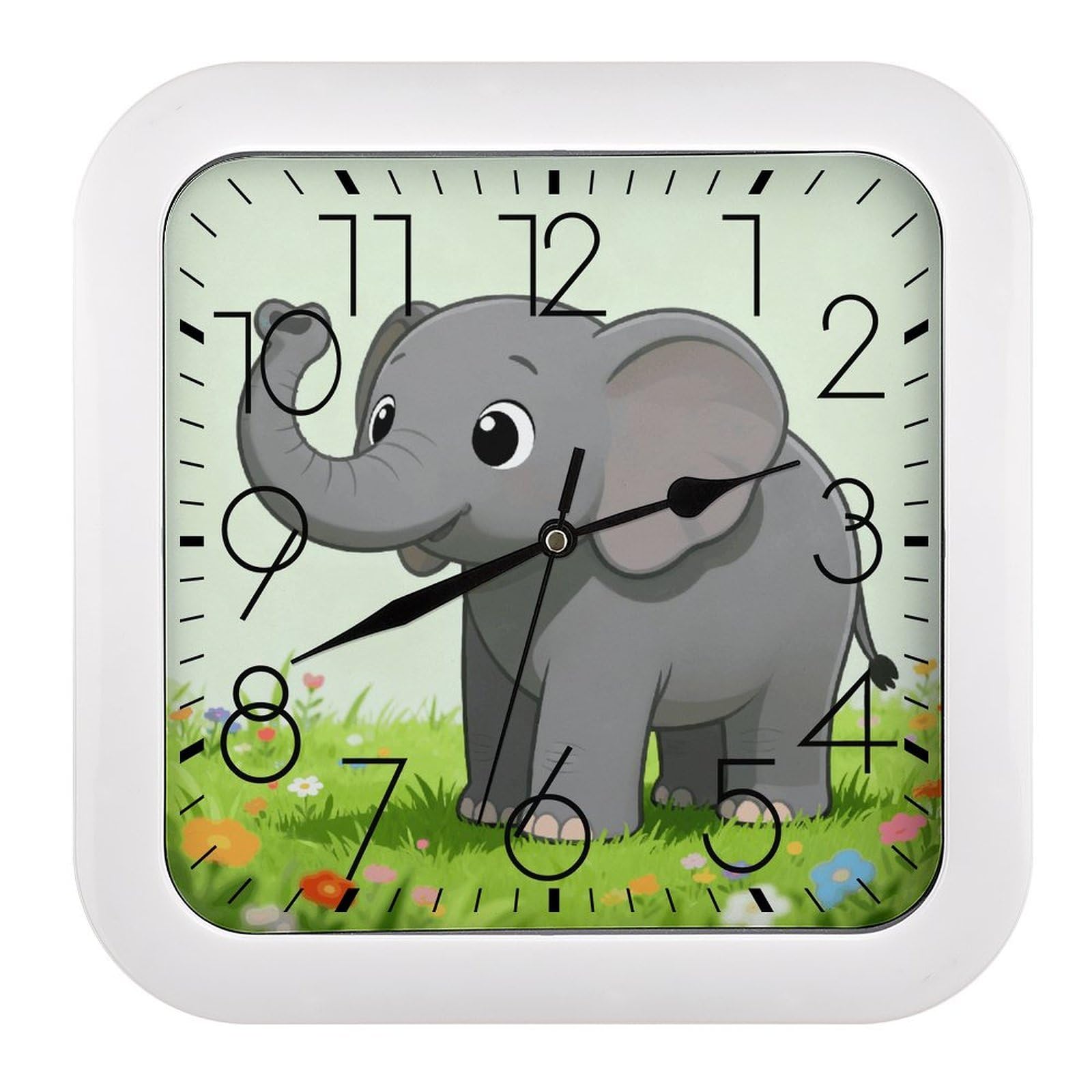 LZQPOEAS Elephant with Gray Square Wall Clock, 10.2 Inch Battery Operated Silent Non-Ticking Wall Clock, Square Analog Decorative Clock for Home Wall Art, Living Room, Bedroom, and Office
