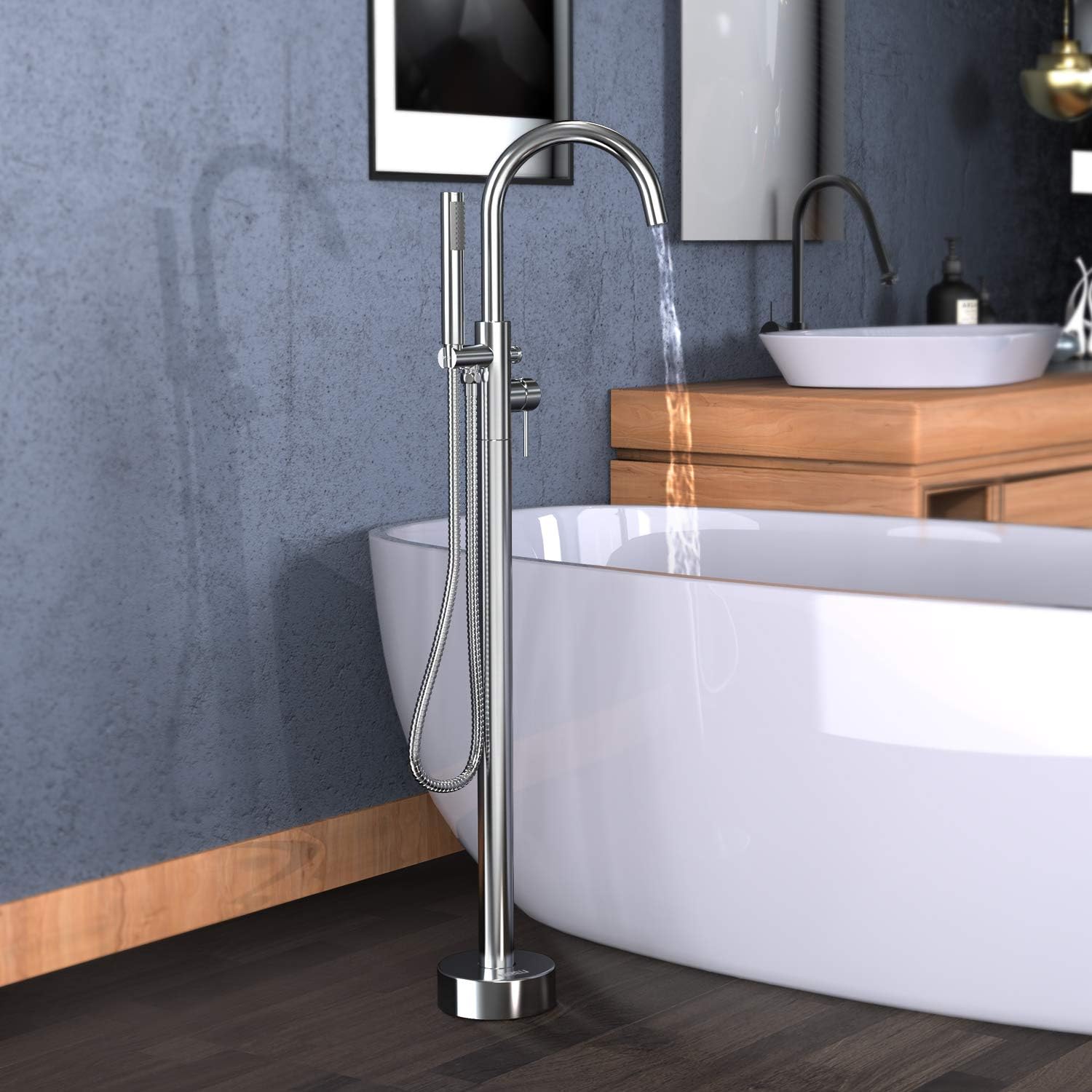 Get Discount 70% Price NIREU Freestanding Floor Mounted Bathtub Faucet Tub Filler Chrome with Handshower Single Handle Solid Brass Greatest Product NIREU Freestanding Floor Mounted Bathtub Faucet Tub Filler Chrome with Handshower Single Handle Solid Brass