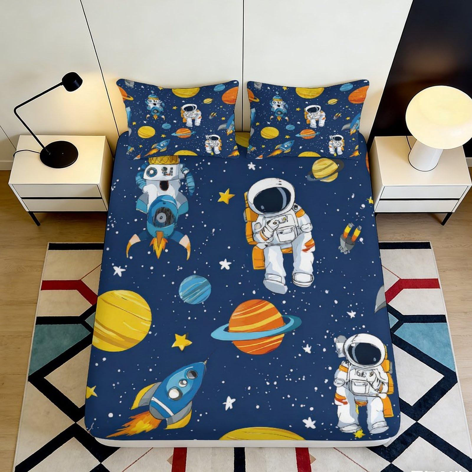 3D Printed Space Astronaut Fitted Sheet Microfiber Soft Breathable Rocket Planet Mattress Cover Bedroom Decor 90x200x25cm