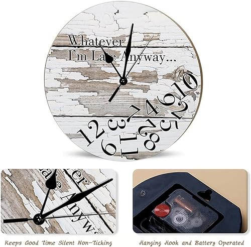 Miniatura 3 de Whatever I'm Late Anyway - Reloj de pared de madera de grano de madera blanca envejecida, estilo rústico, reloj de pared redondo de madera sin