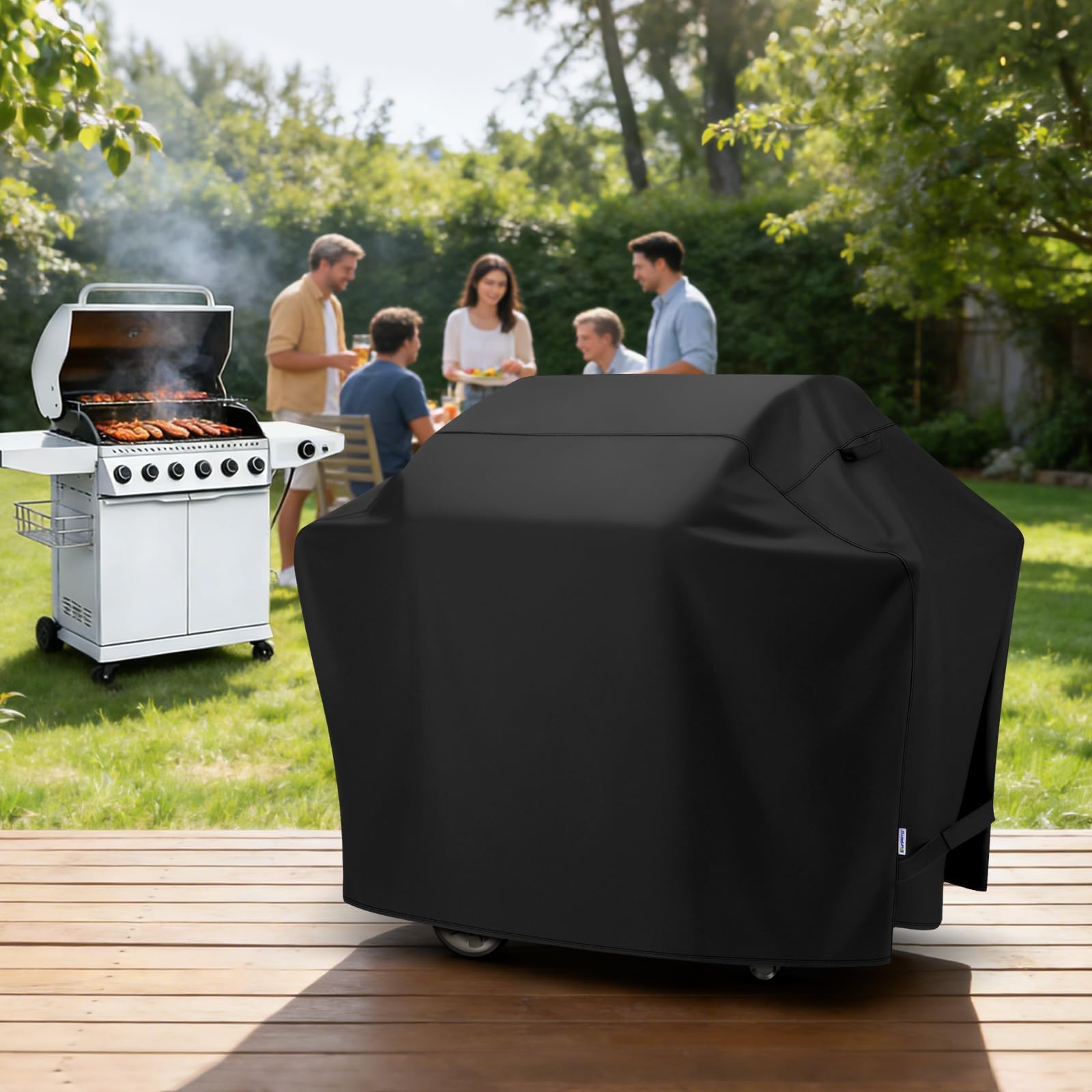 SunPatio Pokrowiec na grill gazowy 165 cm, pokrowiec na grilla na zewnątrz do Weber, Charbroil, Nexgrill i Brinkmann, wytrzymała, wodoodporna, odporna na warunki atmosferyczne, trwała tkanina, czarny
