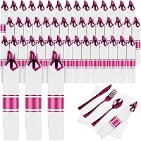 Vista 15 de Paquete de 100 cubiertos de plástico preenrollados azules, cubiertos enrollados azules con servilletas, juego de cubiertos de plástico preenrollados