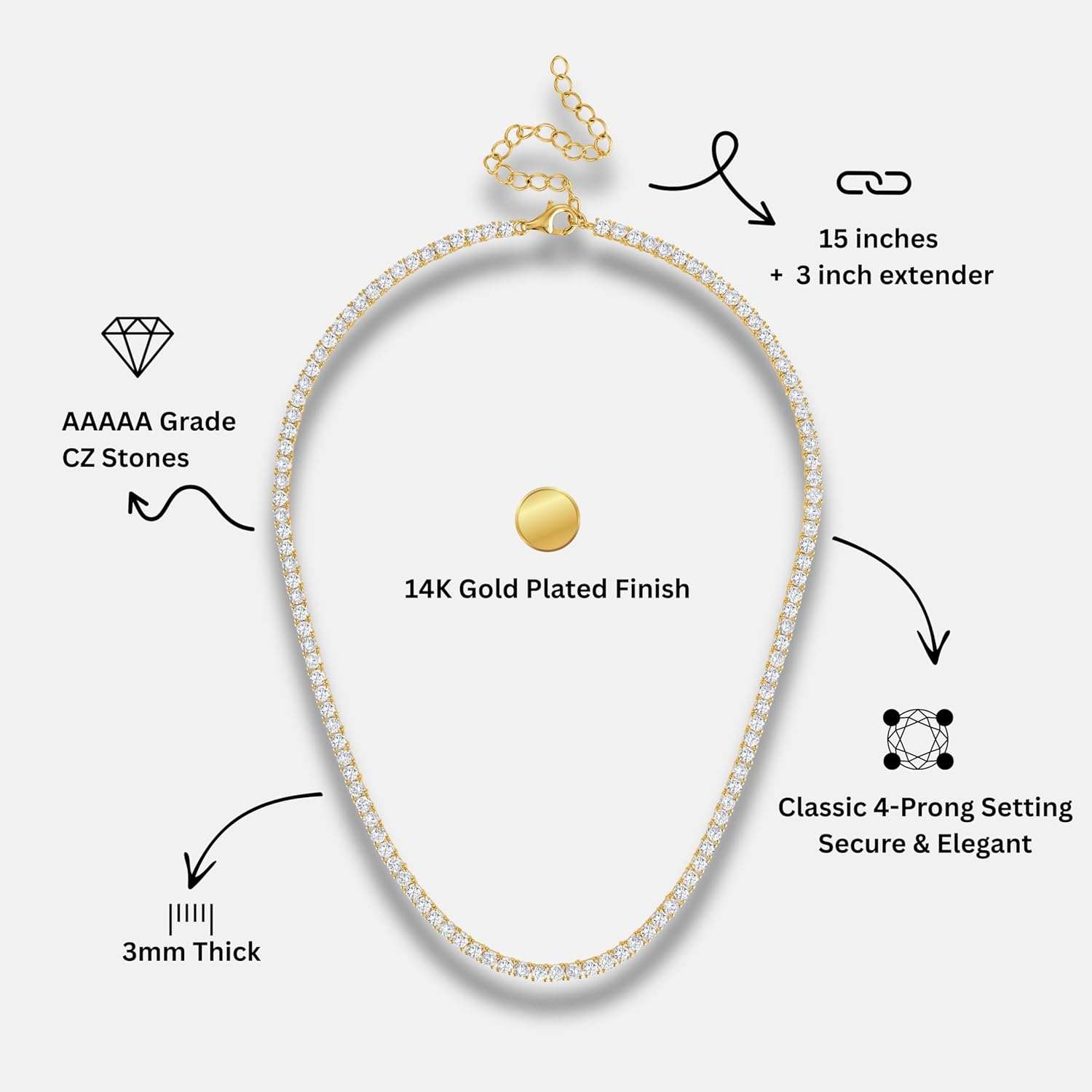 KISPER Kadınlar için Tenis Kolye, 14 Ayar Altın Kaplama, 3 mm Kübik Zirkon Taşlı, Ayarlanabilir 15-18 inç Zincir, 4 Tırnaklı Klasik Tasarım