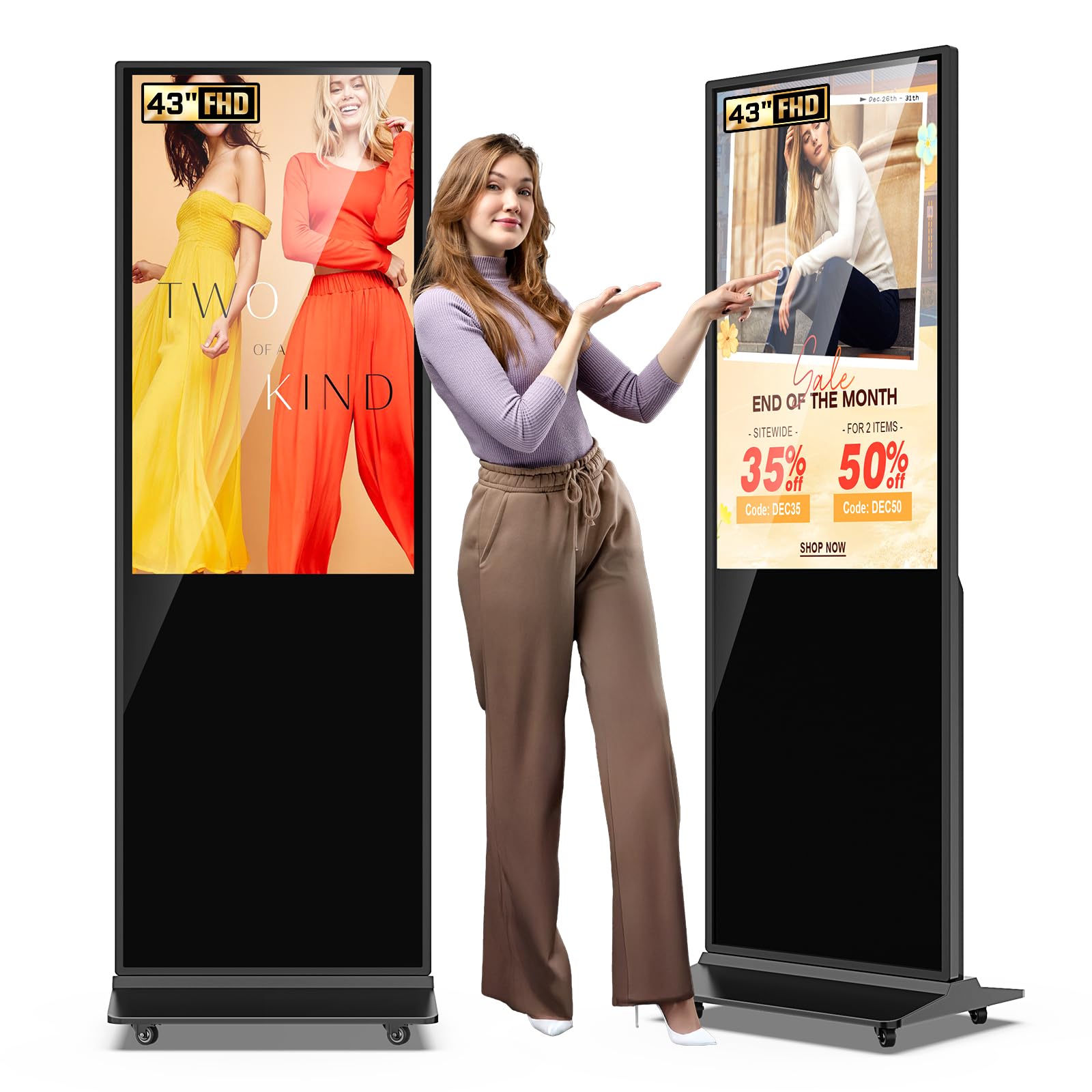 32/43/55/65 Inch Digital Signage Display, LCD Screen Advertising Display Kiosk Interactive Totem Floor Standing Auto AD Player with USB/HDMI/WiFi Android OS (43'' Touch Screen)