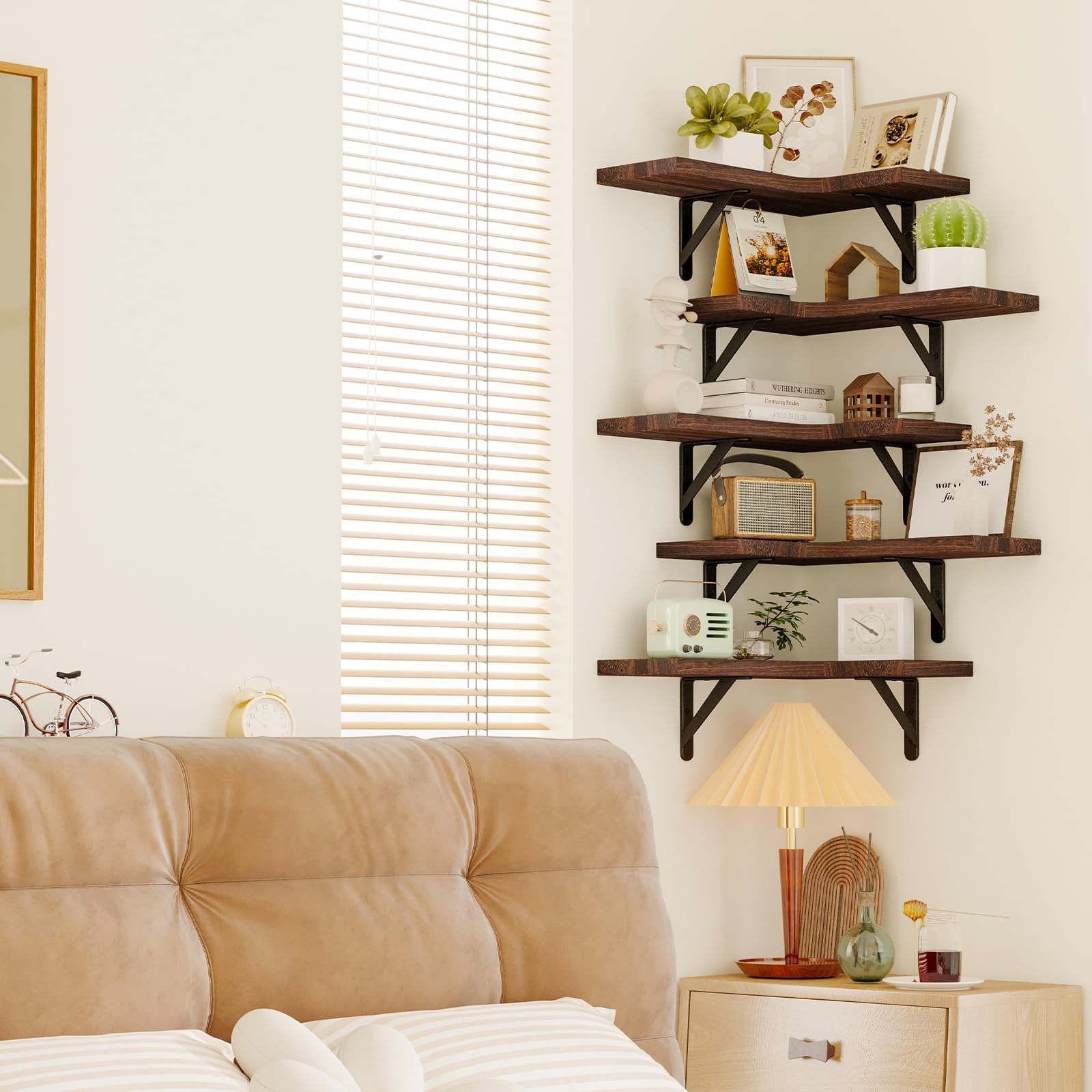 Fixwal Juego de 5 estantes flotantes para pared, estante esquinero de madera rústica para baño, cocina, dormitorio, decoración del hogar, lavandería, sala de estar (marrón nogal)