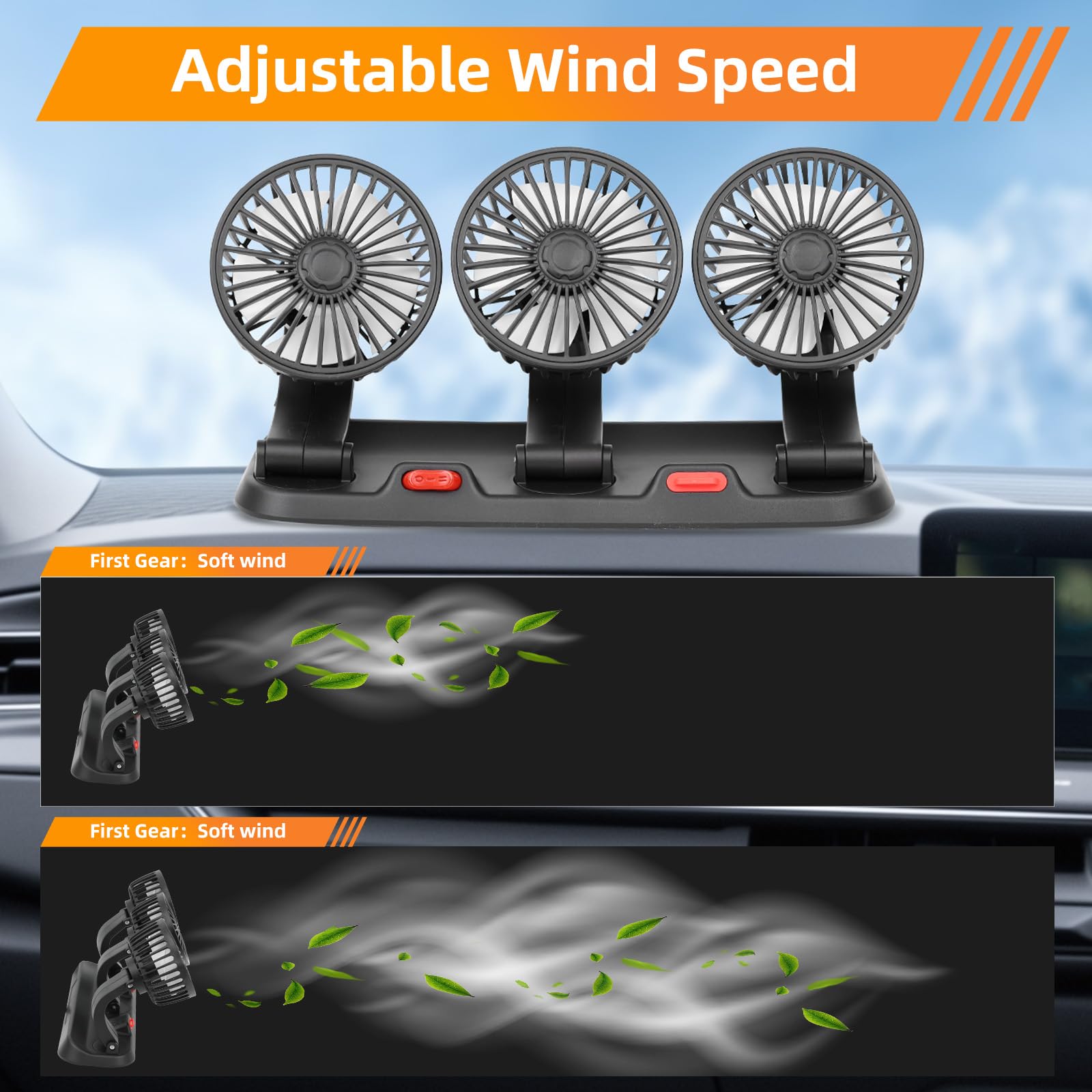 Ventilatore elettrico per auto Riloer 5V / 12V / 24V, ventilatore d'aria portatile a tre teste, ventilatore di circolazione dell'aria di rotazione a 360 °, USB/accendisigari alimentato