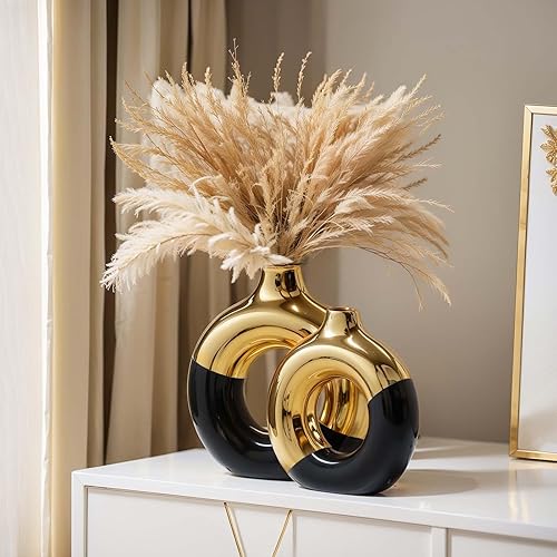 Miniatura 3 de Jarrón negro y dorado, juego de 2 jarrones de cerámica, jarrones dorados para decoración del hogar, jarrón redondo negro para centros de mesa,