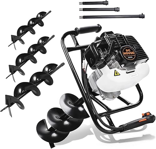 DC HOUSE Taladro de tierra a gas de 52 cc y 1800 W, certificado por la EPA, con 3 brocas de 4 pulgadas, 6 pulgadas, 8 pulgadas y 3 varillas de