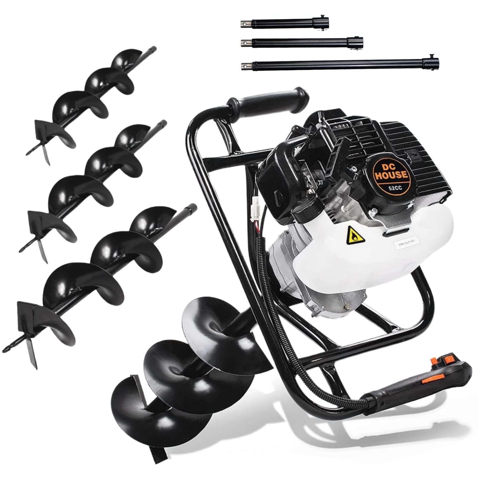 DC HOUSE 52cc 1800W Gas Powered Earth Auger EPA Certified Post Hole Digger, with 3 Drill Bits 4" 6" 8" and 3 Extension Rods 8" 12" 20", Mixing Ratio 30:1, for Fence, Farmland and Garden