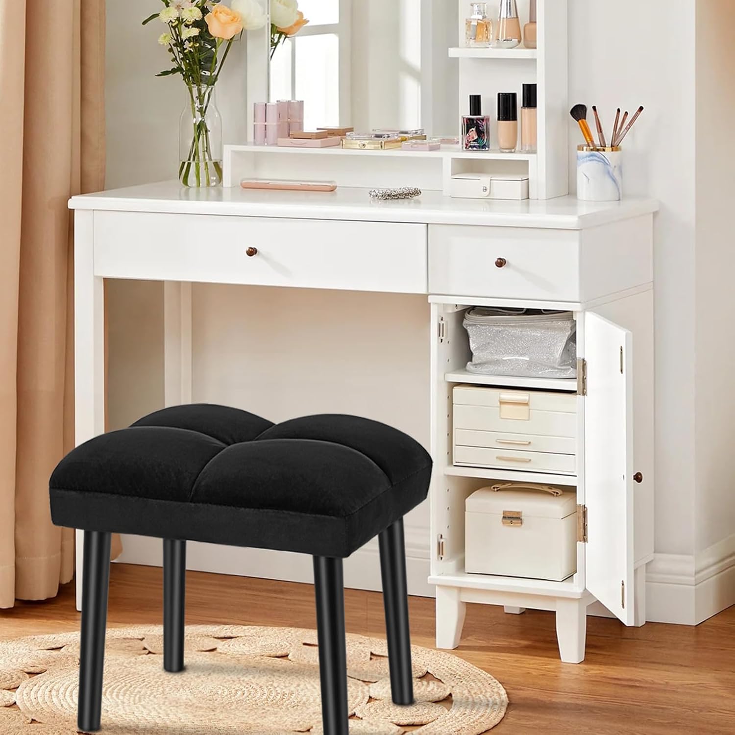 HOUCHICS Black Ottoman Stool, Square Makeup Stool with Wooden Legs, Small Ottoman Stools Chair for Vanity, Modern Padded Sofa Seat Foot Rest Stools(Black)