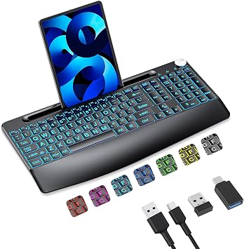 Lighted up Large Print Full Size 2.4G Ergonomic Wireless Keyboard, Rechargeable,with 7 Colored Backlits &Volume Knob&Phone Holder &Wrist Rest,for Mac Windows Laptop PC Keyboard