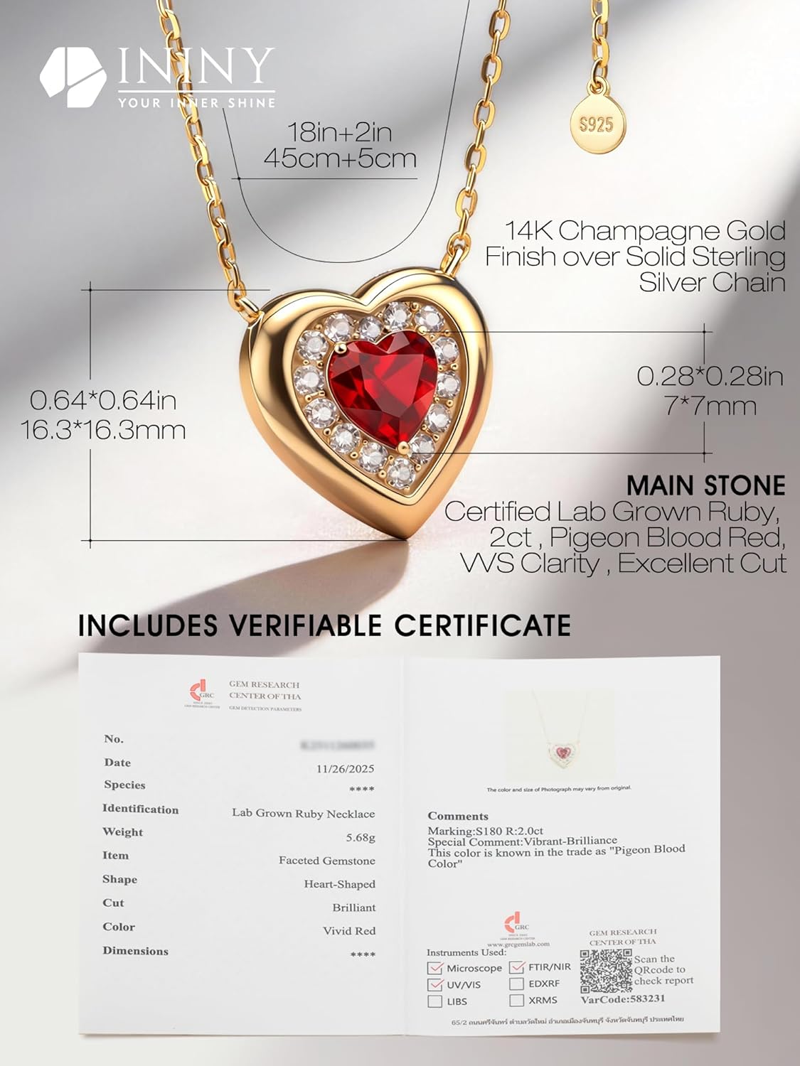 Certified 2CT Lab Grown Pigeon Blood Ruby Heart Necklace, 14K Champagne Gold Plated Sterling Silver Chain, Vintage Style Halo Pendant, Conflict-Free July Birthstone Gift for Women, Anniversary, Mother's Day, Box & Certificate Included - Image 2