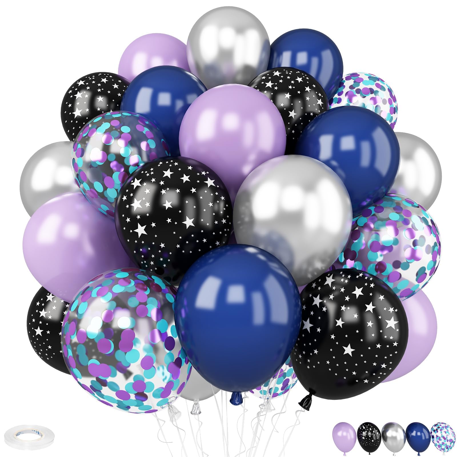 Outer Space Balloons,30Pcs 12inch Galaxy Blue Purple Balloon Metallic Purper Silver Star Printed Balloon Space Theme Party Decorations for Kids Boys