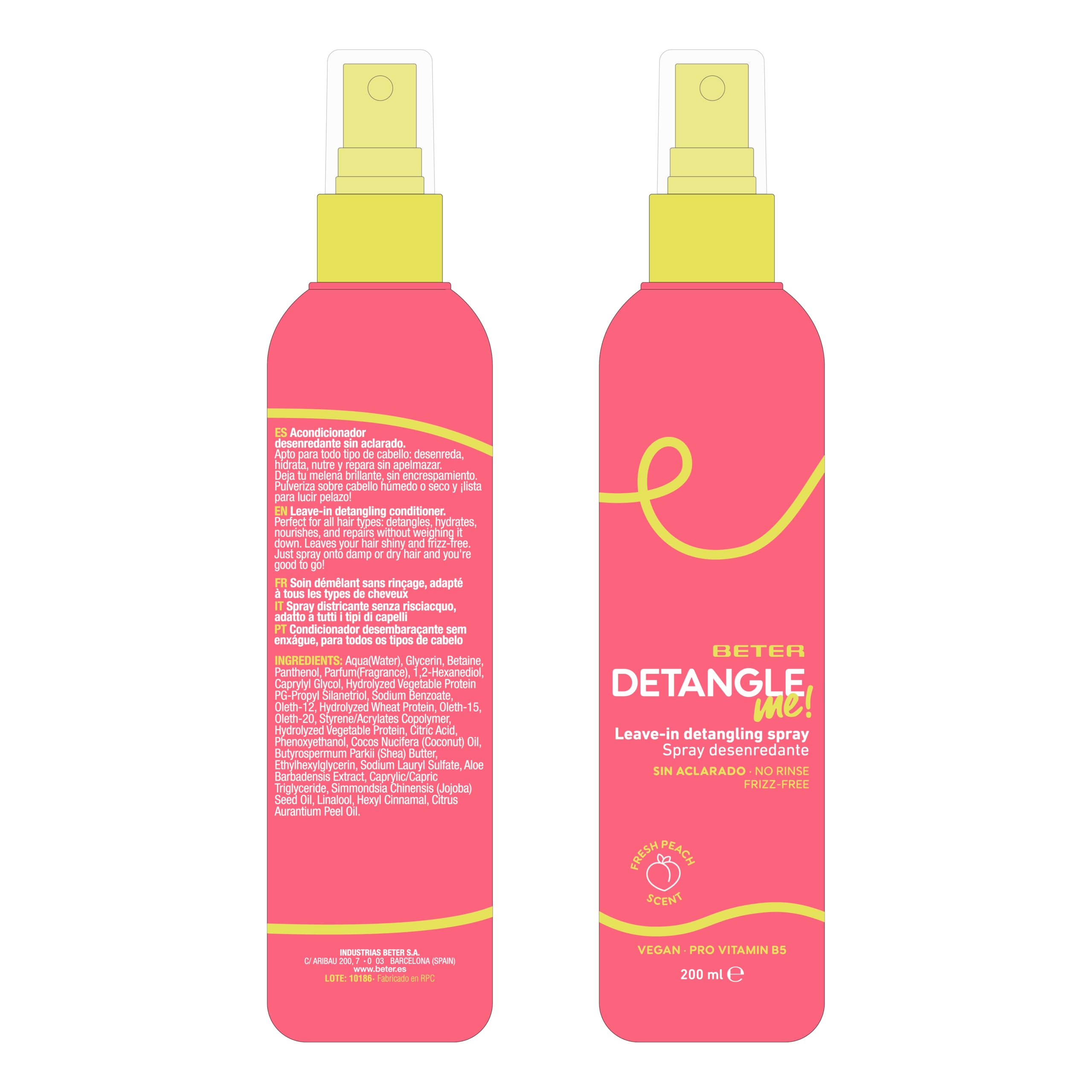 Beter - Spray desenredante sin aclarado 200ml, Con Pro vitamina B5, aceite de coco, manteca de karité y aloe vera, Hidrata, nutre y controla el frizz, Acondicionador vegano para todo tipo de cabello