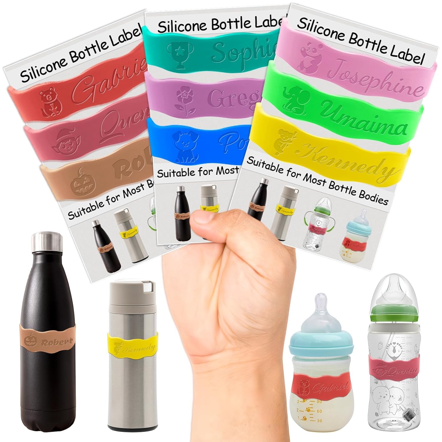 Water Bottle Labels Personalized Bottle Labels Daycare Reusable,Silicone Baby Bottle Water Bottle Name Bands,Water Bottle Labels Waterproof Material Pack of 3