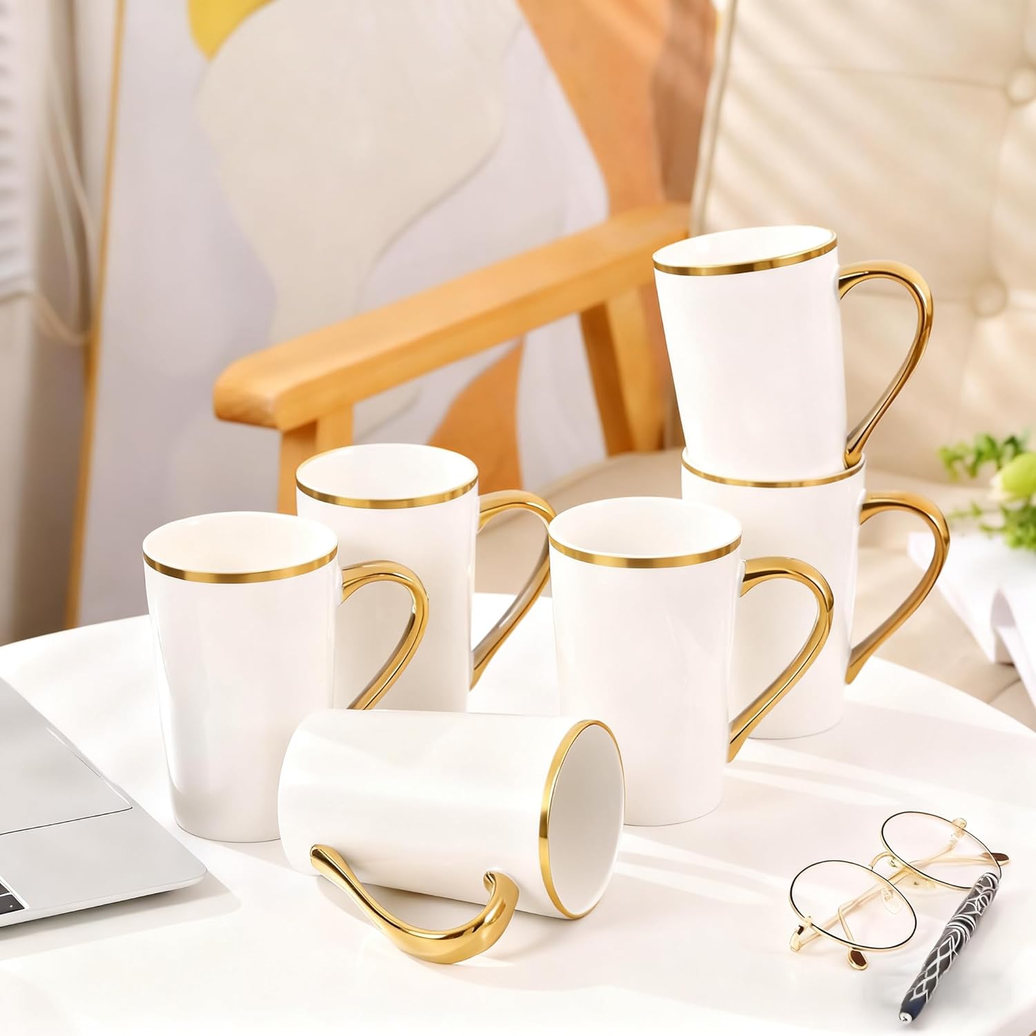 Porcelain Coffee Mugs Set of 6 - White and Gold with Gold Handle, 12 Oz Luxury Cup Set, Dishwasher Safe, Elegant Gift - Image 5