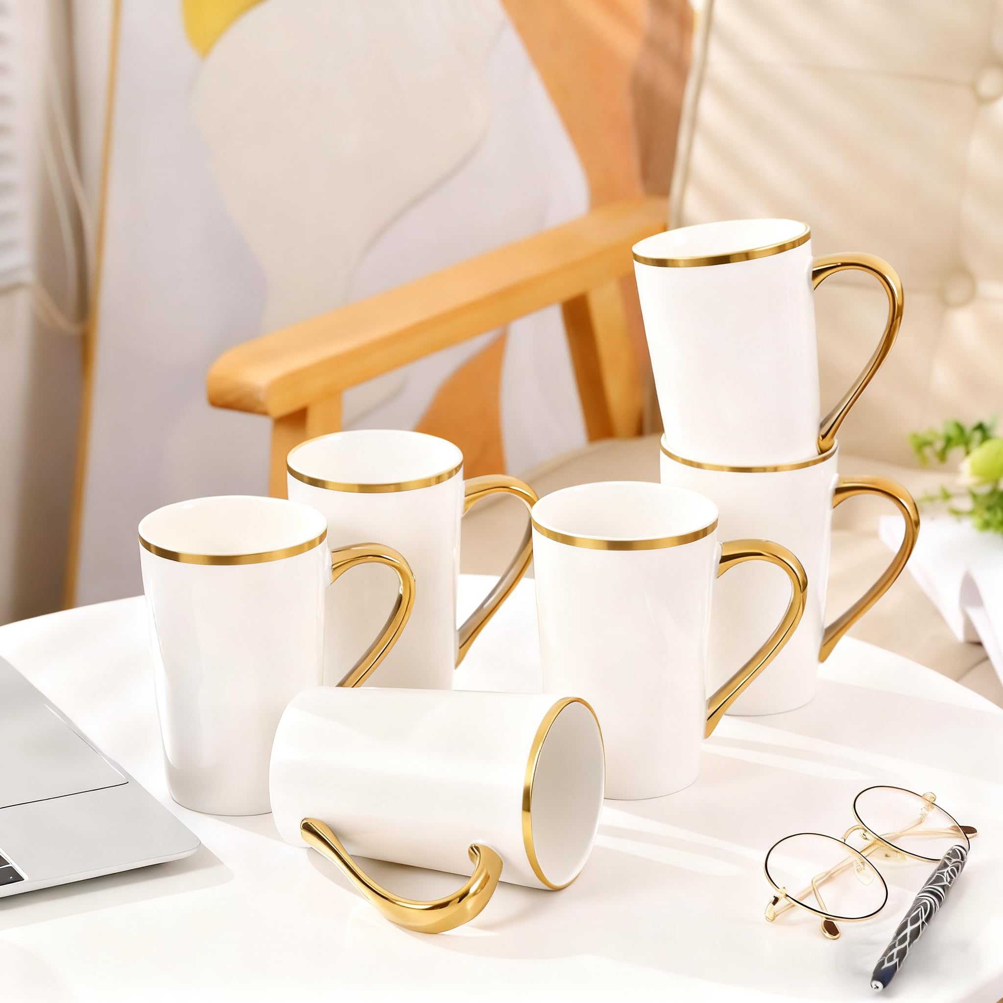 Loymokinar Porcelain Coffee Mugs Set of 6 - White and Gold with