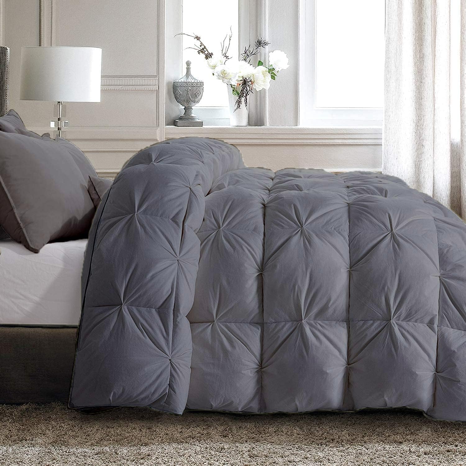 All-Season – Luxury Pinch Pleated Pintuck Olympic Queen 98x98 Size 3 Piece Quilted Comforter Set, 400 GSM Microfiber Fill Box Stitched with 4 Corner tabs - Machine Washable, Dark Grey Solid