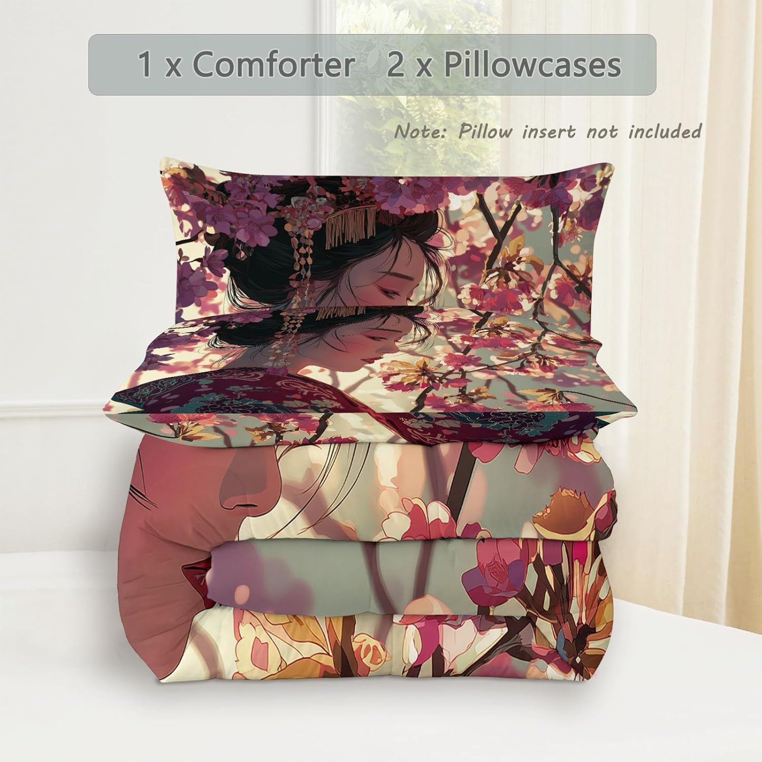 Art Kimono Cherry Blossoms Comforter Set Queen Size, Red Bedding for Kids Boys Girls, Duvet Soft Warm Bedding Sets Bedroom Decor 3Pcs