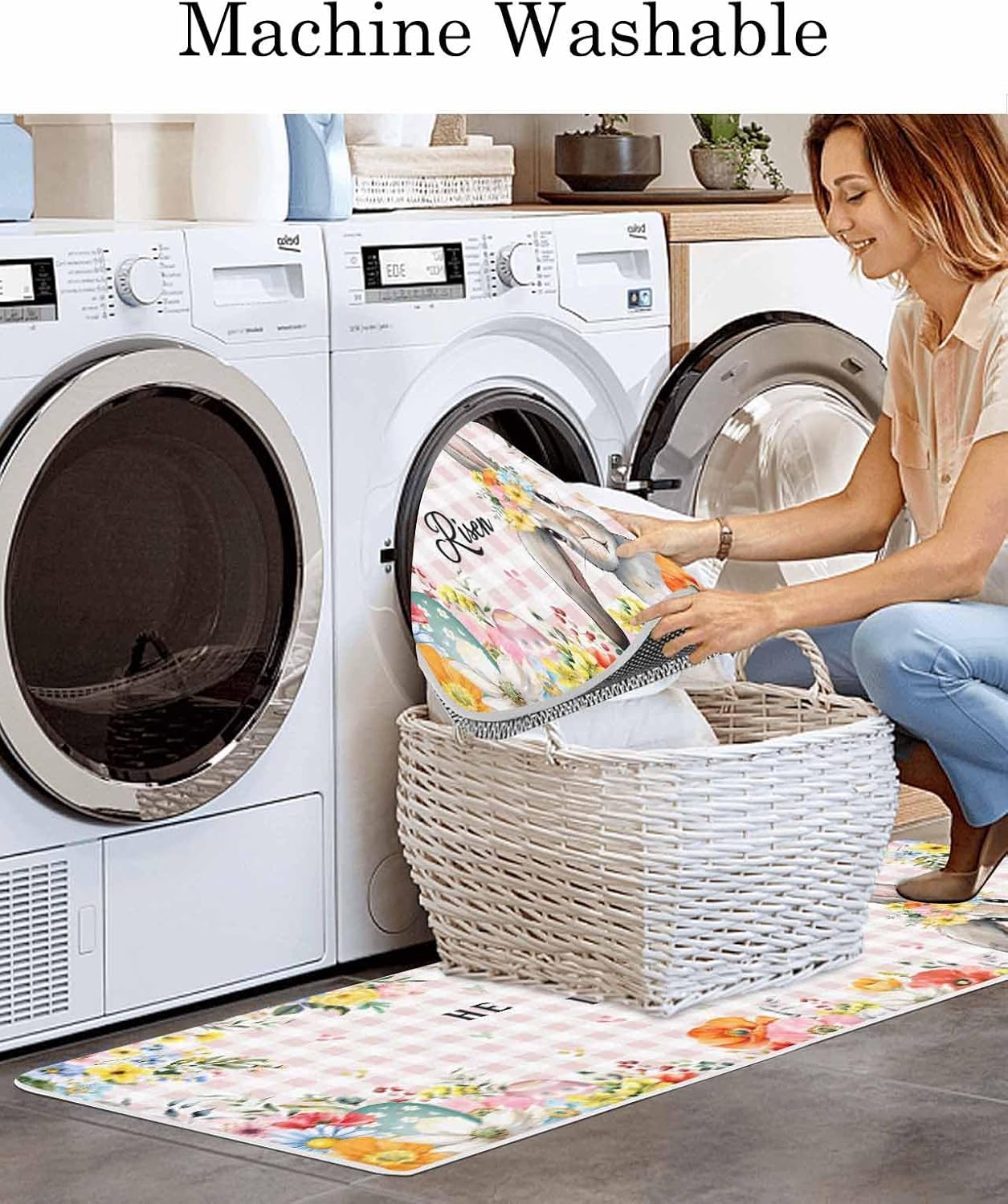 Happy Easter Kitchen Mats Set of 2 Spring Gray Bunny Yellow Floral He is Risen Pink Plaid Non Slip Mat Washable Floor Rug for Kitchen Sink Floor Laundry, 15.7"x23.6"+15.7"x47.2"