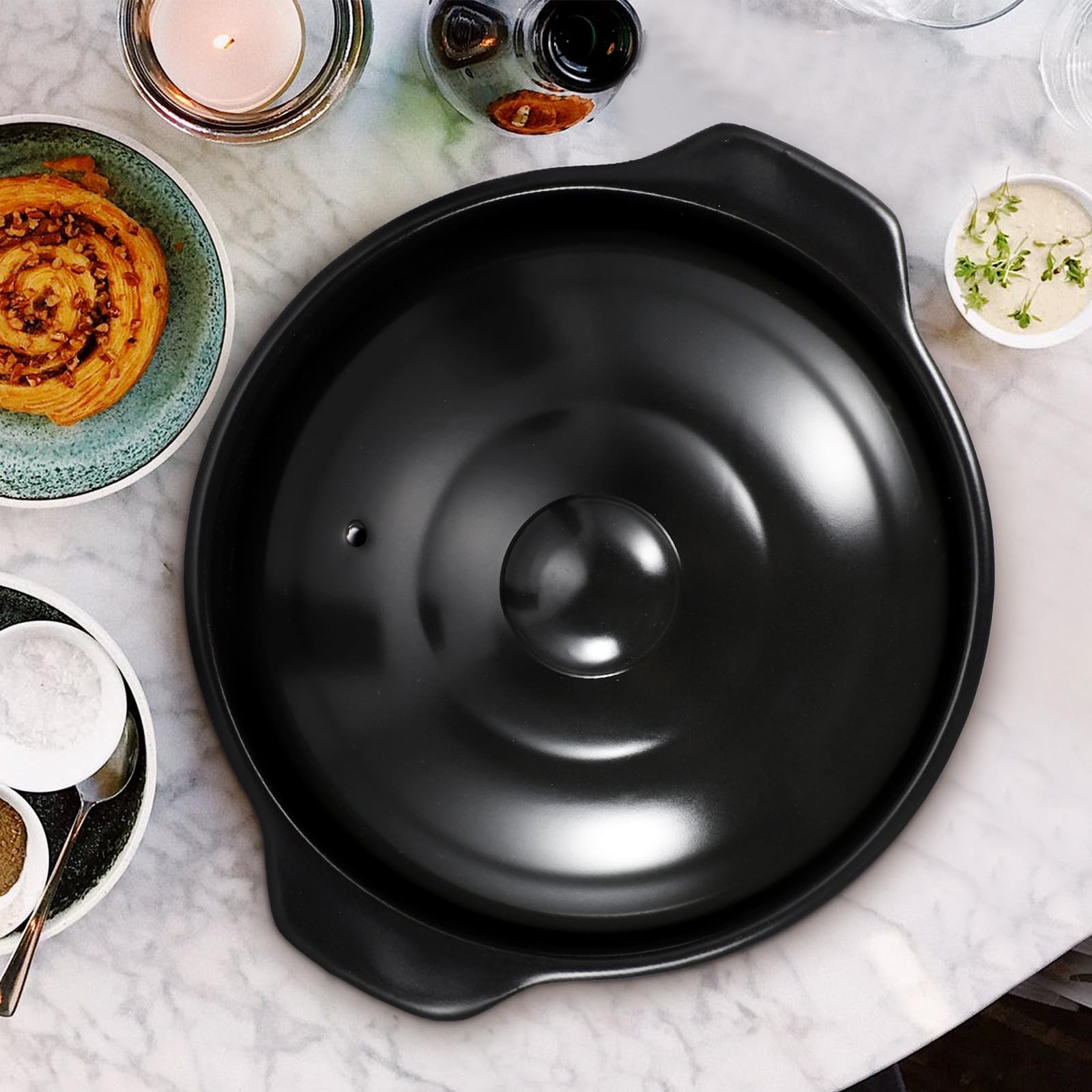 Pentola in Ceramica Nera Coperchio, per Cucina e Cottura | Distribuzione Uniforme del Calore, Conserva Calore, Praticità Elevata, Uso Domestico Quotidiano