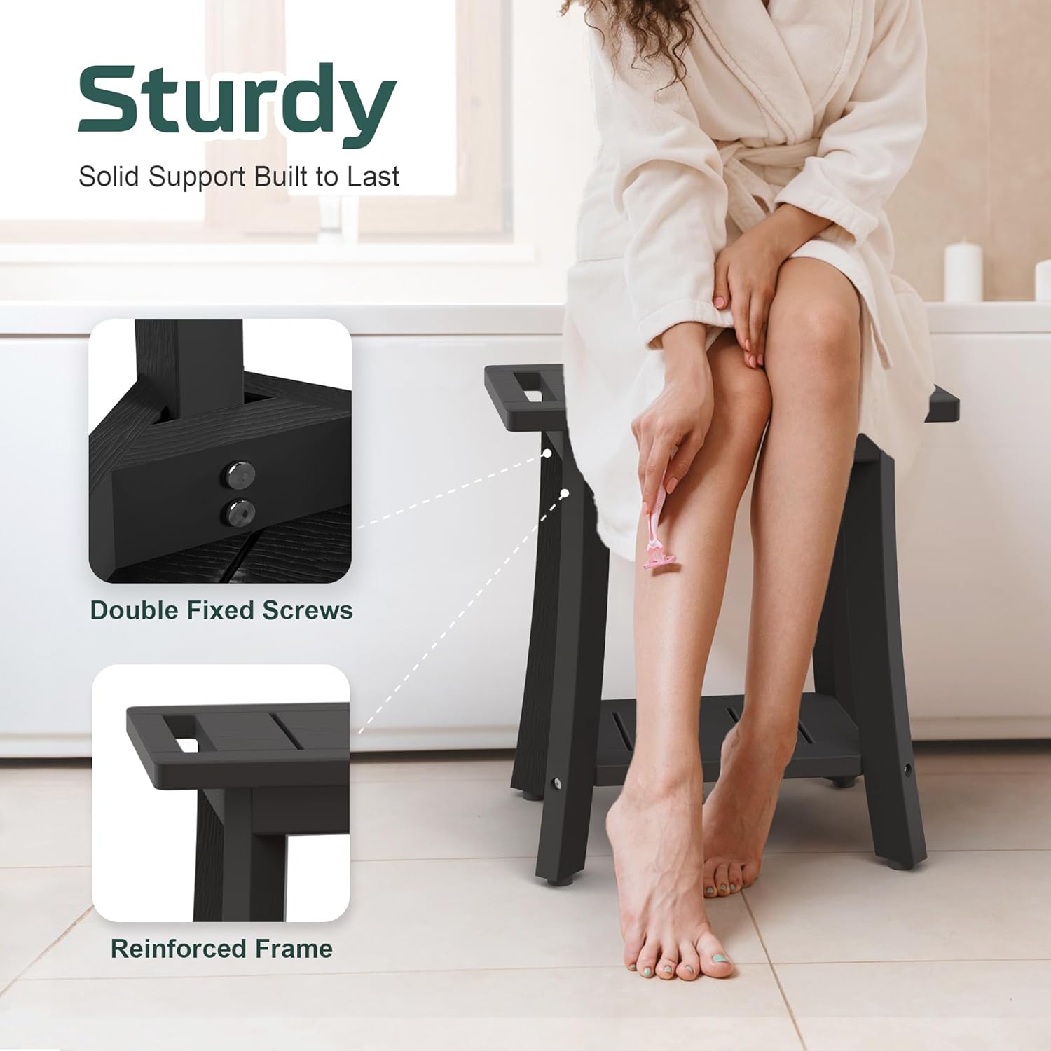 Waterproof Shower Benches for Inside Shower, Poly Lumber Shower Stool with Storage Shelf & Adjustable Feet, SPA Bathroom Seat Chair for Shaving Legs, Indoor or Outdoor Use, Black