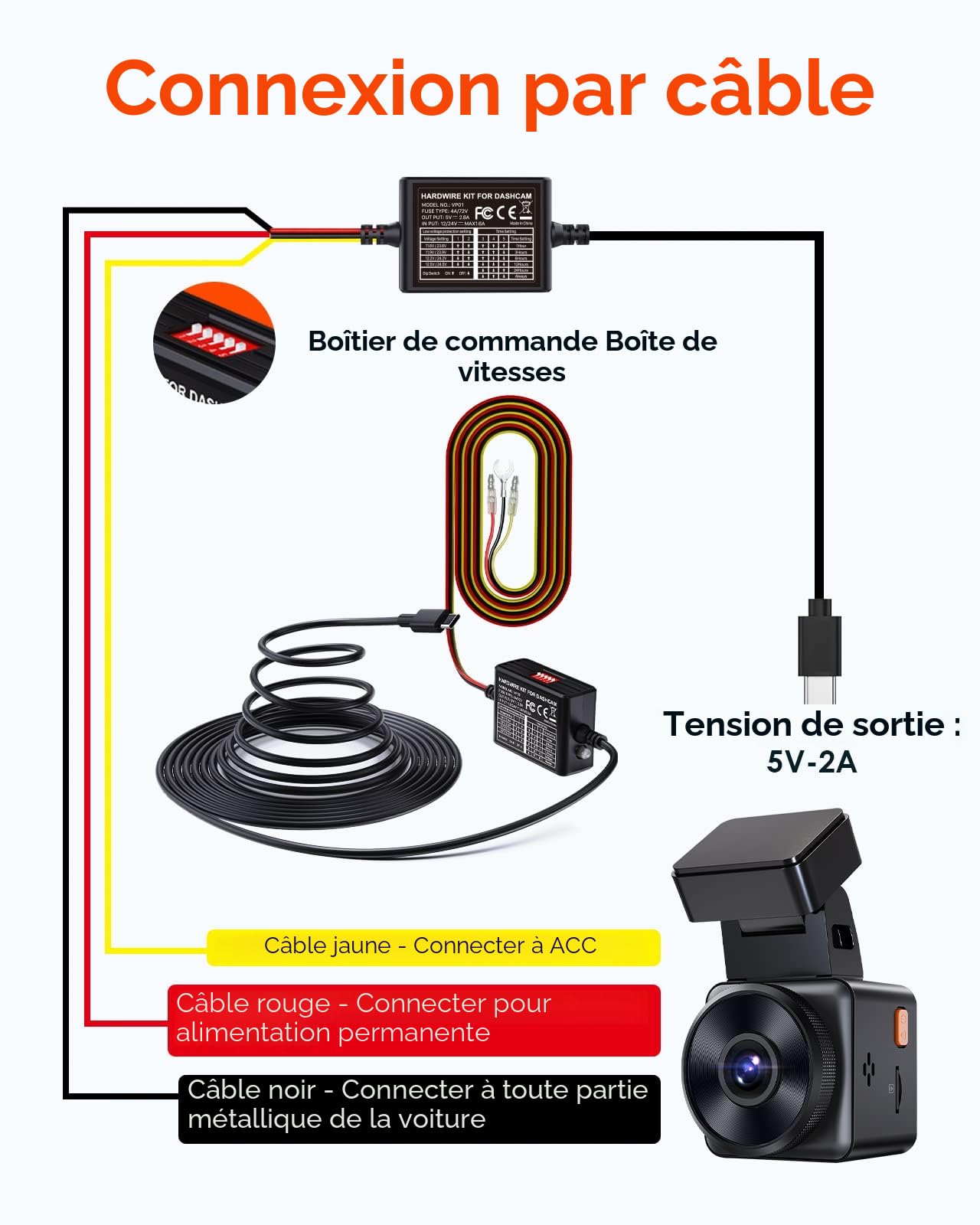 VANTRUE USB C Kit de câble à 5 Vitesses, Changement de Vitesse Type C Long 3,5 m, 12V-24V à 5V Dash Cam Hardwire Kit avec Porte-fusibles, Protection Basse Tension pour Dashcam E3/ N4/ N4 Pro/ N5/ N2S