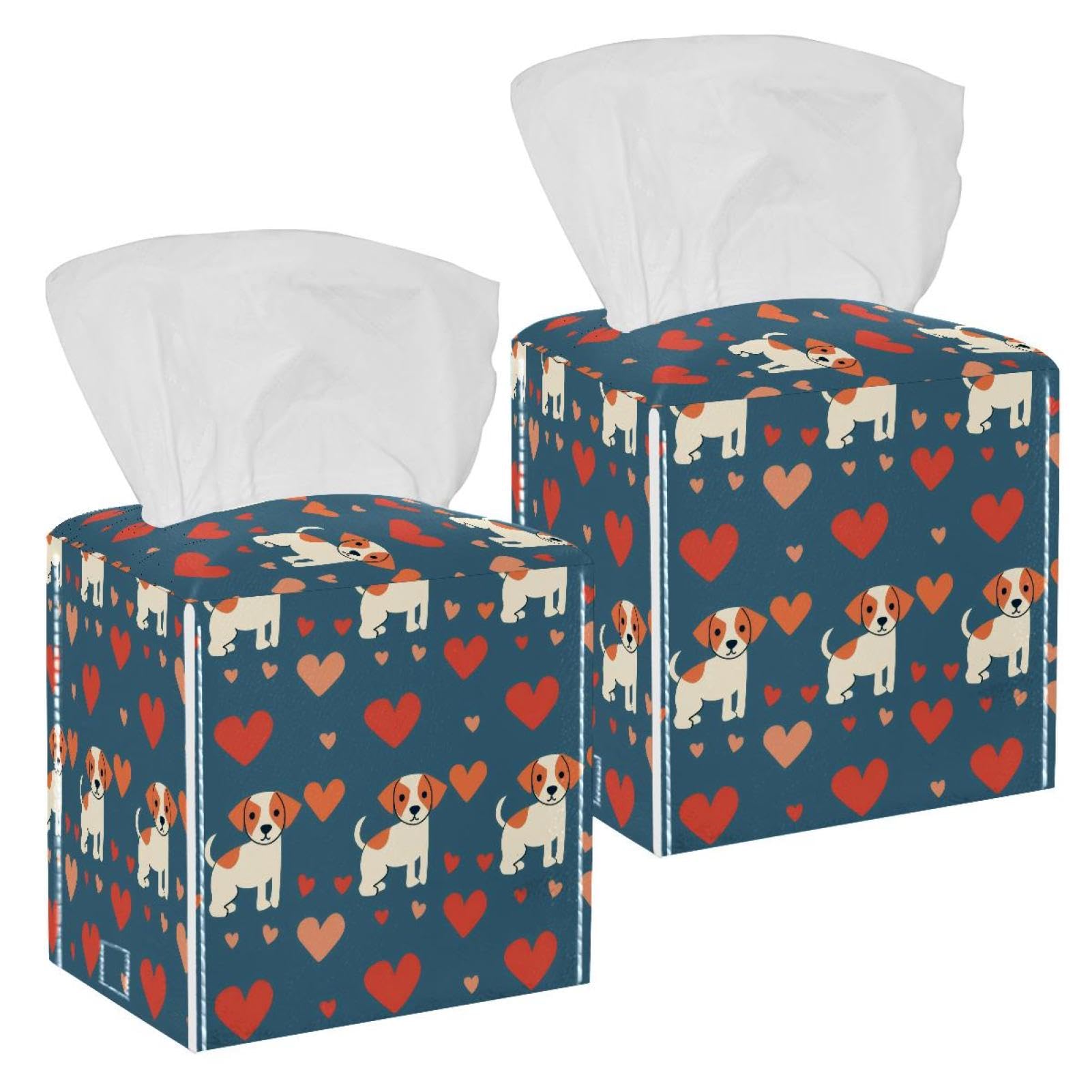 Dog Hearts Tissue Box Cover, 2 Pack PU Leather Square Facial Tissue Dispenser Box holder for Home Office Car