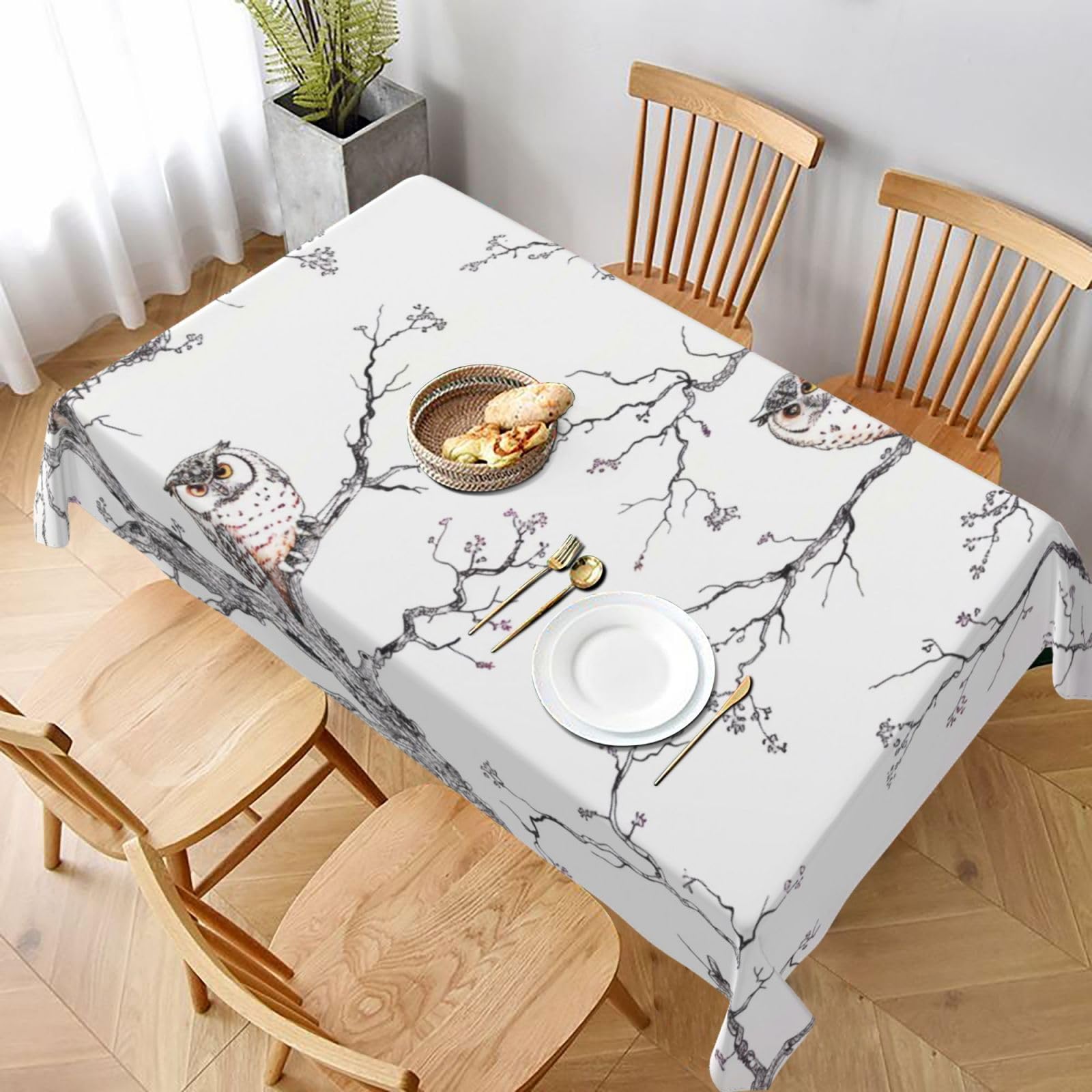WPKJU Owl Tree Branches Printed Tablecloth 60x90 in Water Resistant Table Cover Washable Rectangle Table Cloth for Dining Tables