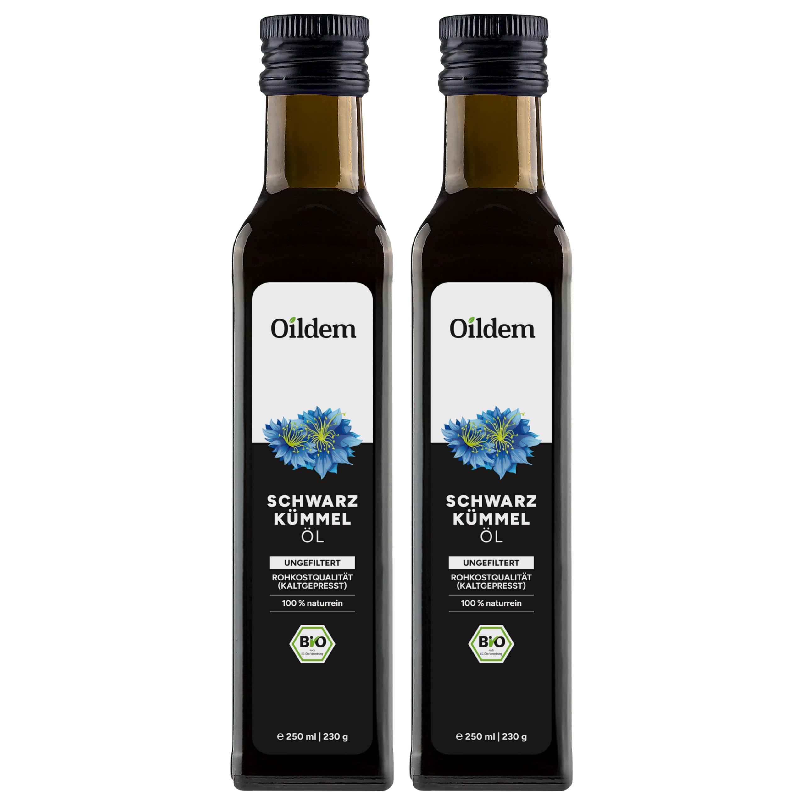 Oildem Bio Schwarzkümmelöl, ungefiltert, 250ml, kaltgepresst - 100% rein - besteht nur aus der echten Nigella sativa (2er Pack)