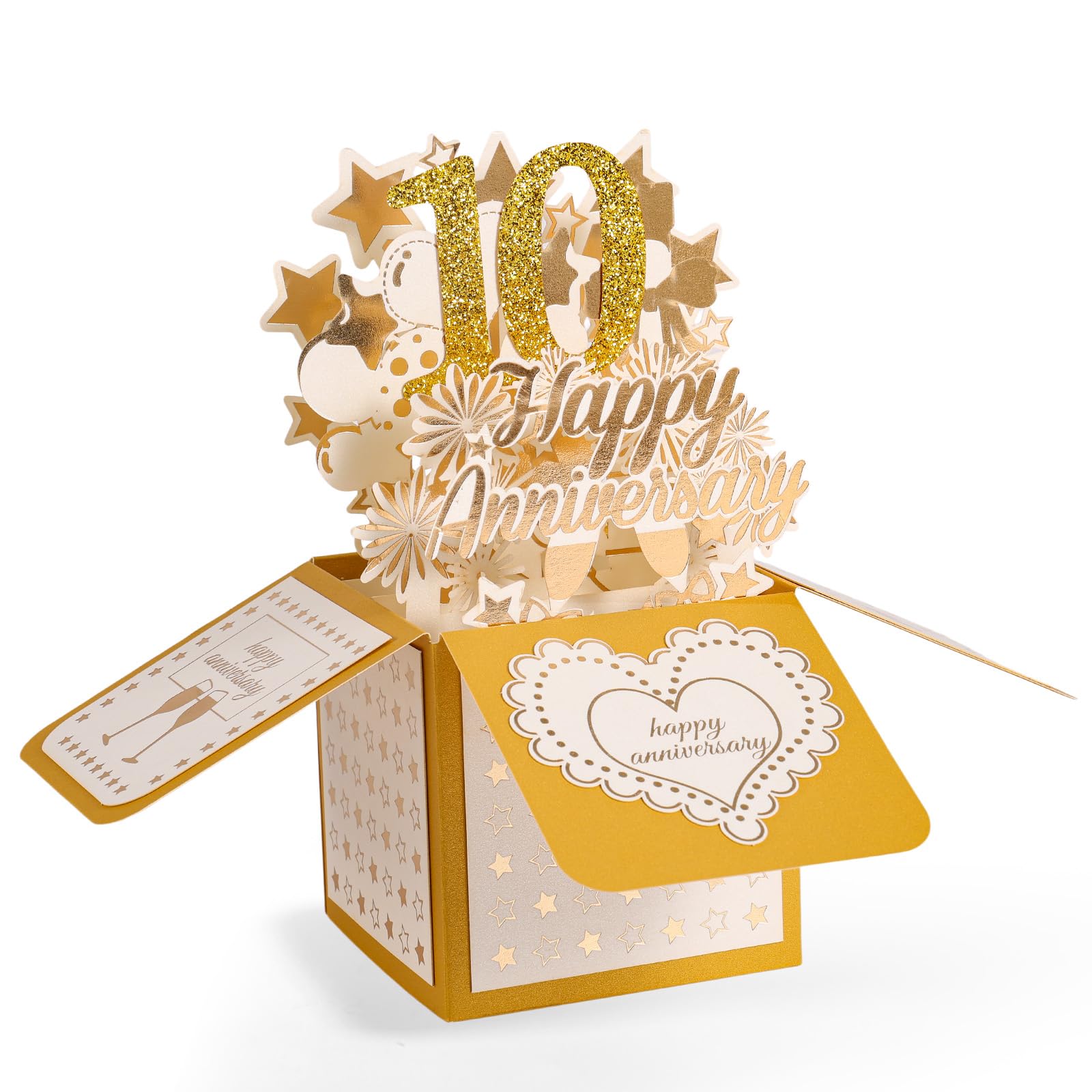 10th Anniversary Card, 3D Gold Happy Anniversary Pop Up Card with Envelope for Women Men Wife Husband Couples Parents Him Her Wedding Marriage Gift