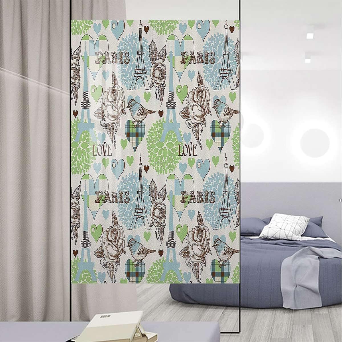 Soft Green Cream Non-Adhesive Window Privacy Film Petals Traditional Springtime Garden Opaque Window Sticker Glass Film for Home Modern Floral 23.6Wx47.2L-inch