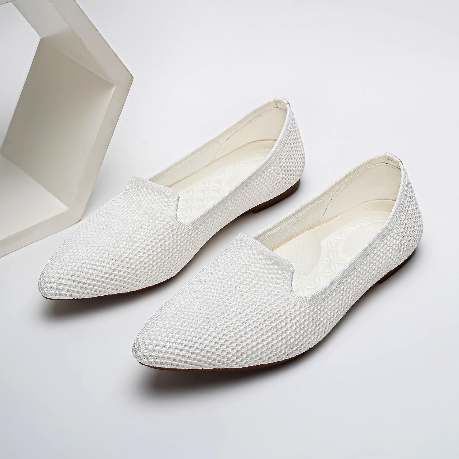 Women's Pointed Toe Flats Breathable Knit Ballet Flats with Arch Support Comfortable Dressy Slip On Shoes for Work Office Lightweight Washable Walking