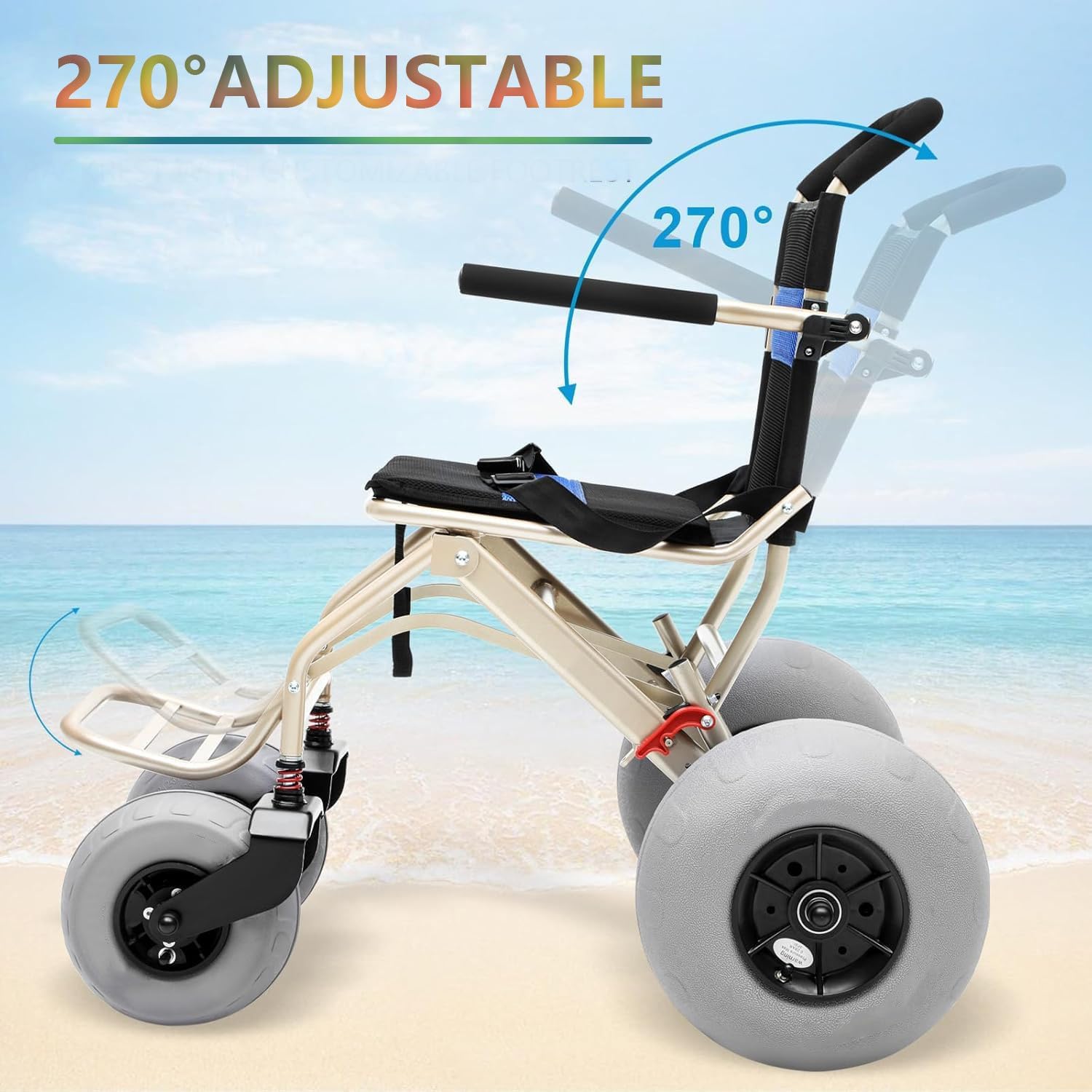 Silla De Ruedas Para Playa, Silla De Ruedas Todoterreno Para Playa, Con Ruedas Tipo Globo De 30 Cm Y 23 Cm, Diseño Plegable, Ruedas De Desmontaje Rápido, Apta Para Arena Blanda, Playa, Césped
