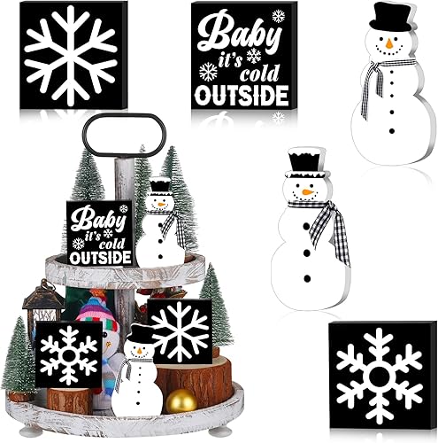 Soaoo 5 piezas de decoración de bandeja escalonada de invierno, adornos de Navidad independientes de madera, muñeco de nieve, bloque de madera de