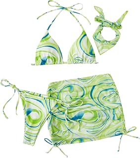 Women's 4 Piece Swimsuits Triangle Bikini Bathing Suits with Mesh Beach Skirt & Bandana