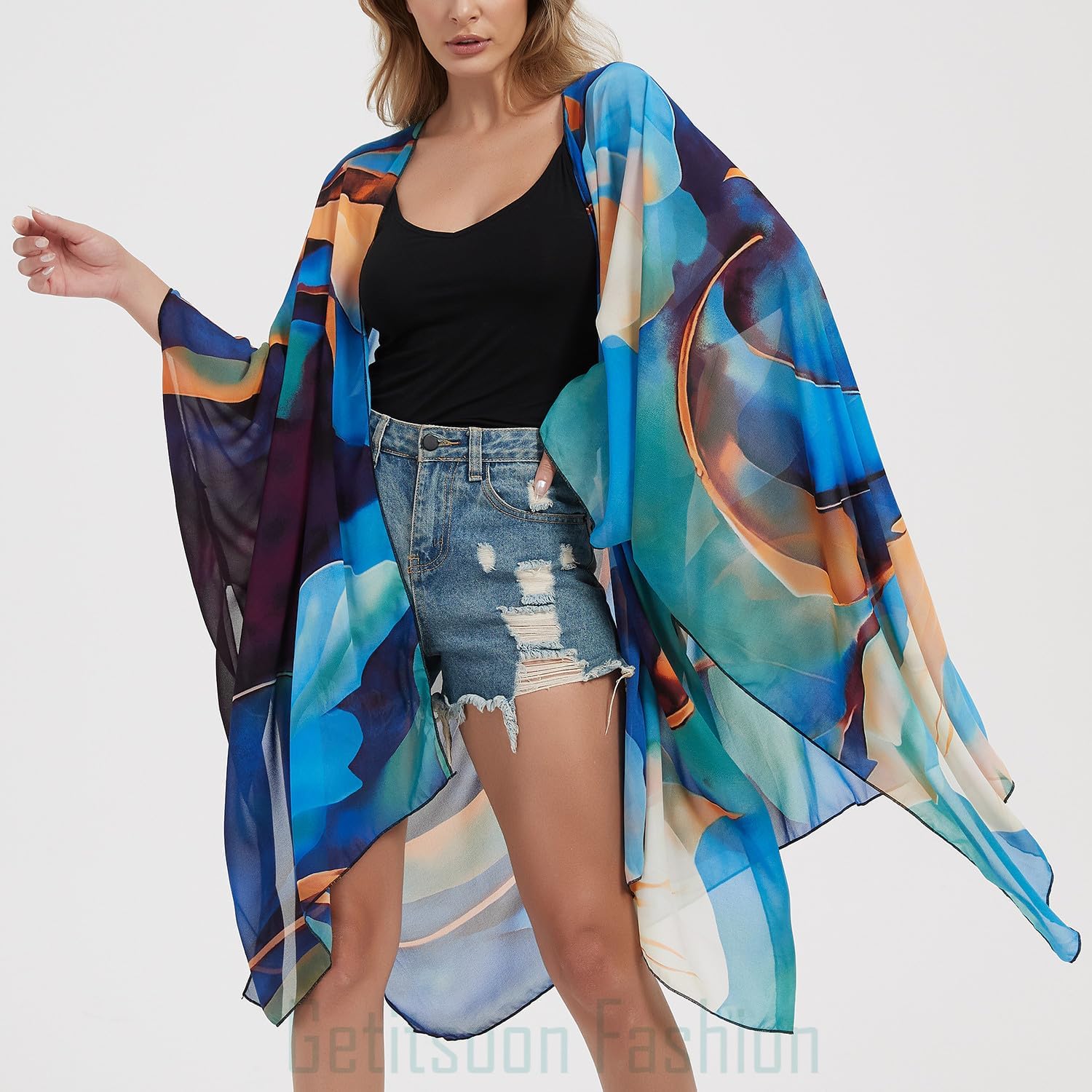 Women's Bohemian Floral Chiffon Beach Cover up Swimsuit Kimono Summer Swimwear Cardigans - Image 2