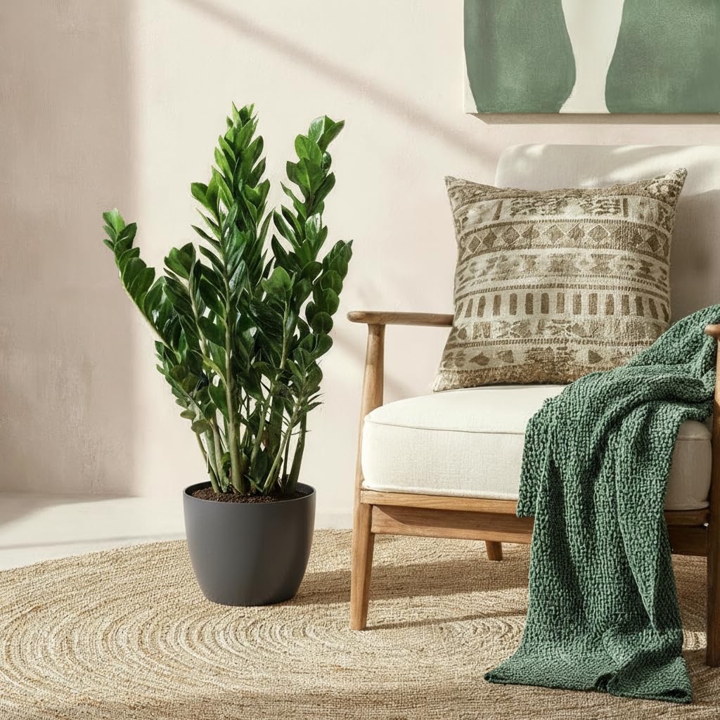 Green boutiQ - Zimmerpflanze - Glücksfeder - Zamioculcas Zamiifolia - Grün - Pflegeleicht - 1 Pflanze - mit Potter Grau - Topf 21cm - Höhe 80-90cm