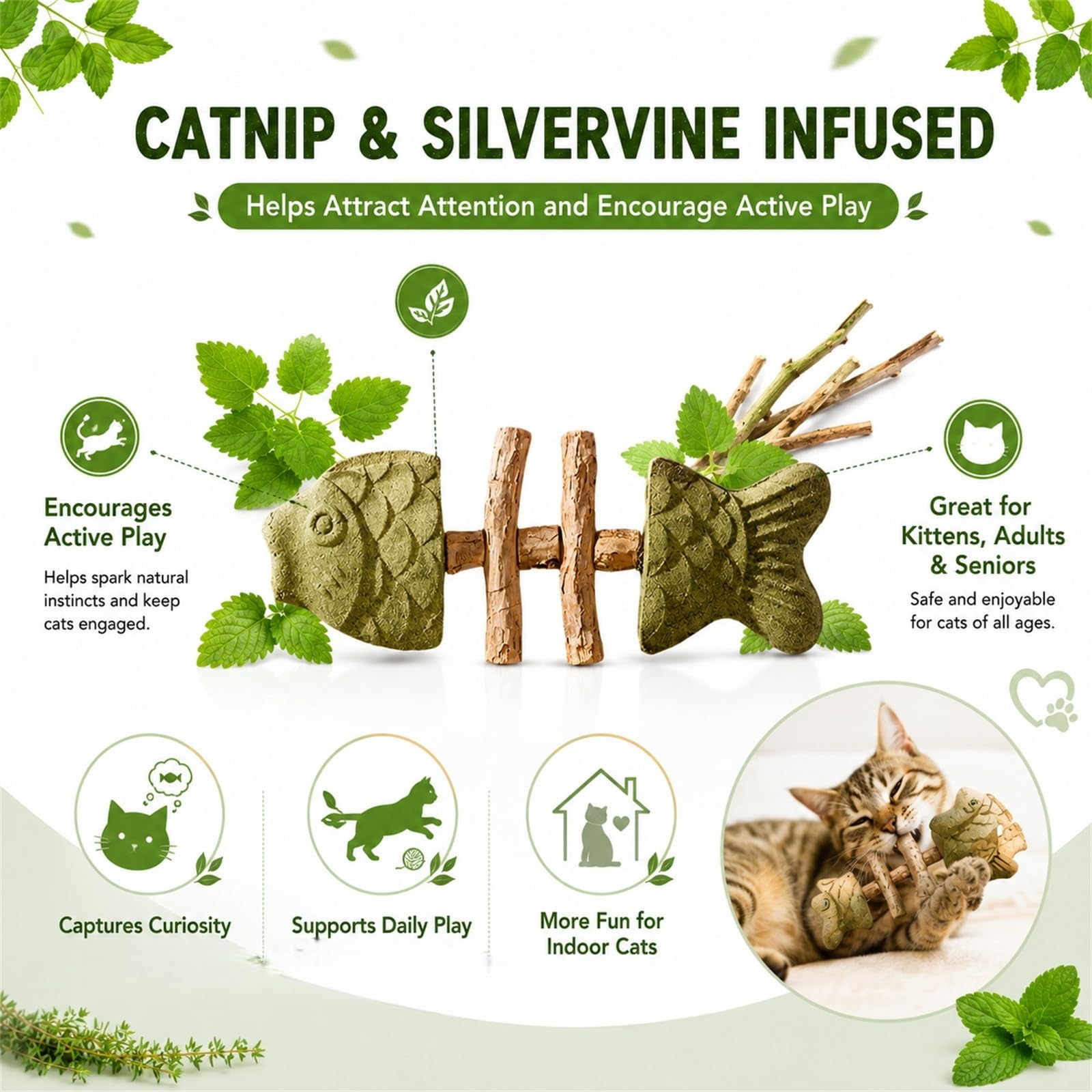 Genérico Fish Bone Cat Chew Toy, Catnip Silvervine Stick, Wooden Fishbone Bite Toy for Indoor Play and Daily Fun (A+B+C)