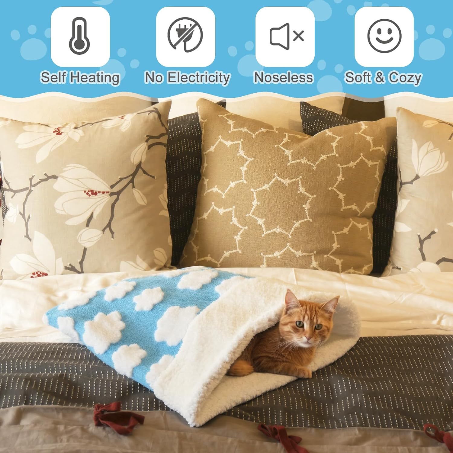 Self Heating Cat Sleeping Bag Indoor Self Warming Cat Bed Cave Heated Pad Cozy Soft Winter Washable Wrap Pet Snuggle Sack Pouch for Puppy Dog Kitten, 24 x 21 Inch, Blue and White