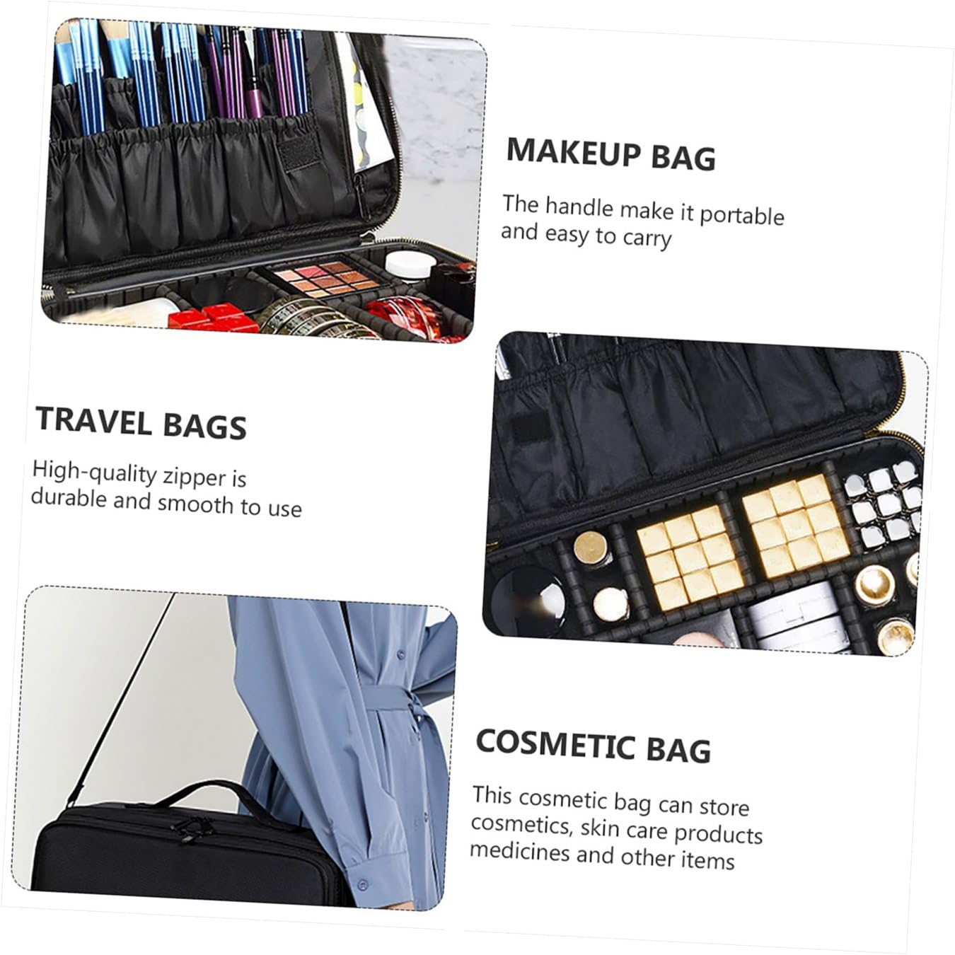 VICASKY Borsa per Trucco Piccola Oxford Resistente Custodia Cosmetici Scomparti Borsa da Viaggio Portatile per Donna Agganciabile a Trolley per Lavoro e Hotel 34X24X11 CM