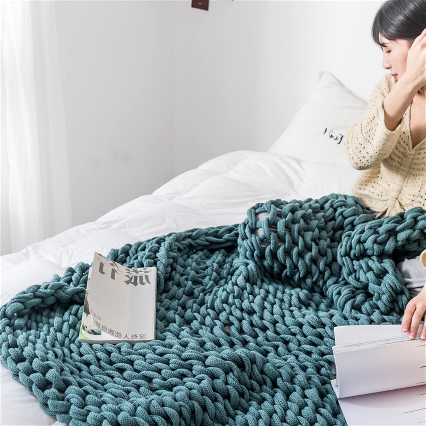 Coperta da tiro in Maglia a Braccio Grosso Cavo in Filato di Lana Merino Morbida Coperta Calda Fatta a Mano per Divano Letto Divano Letto ingombrante,Verde,100x150cm/39x59in