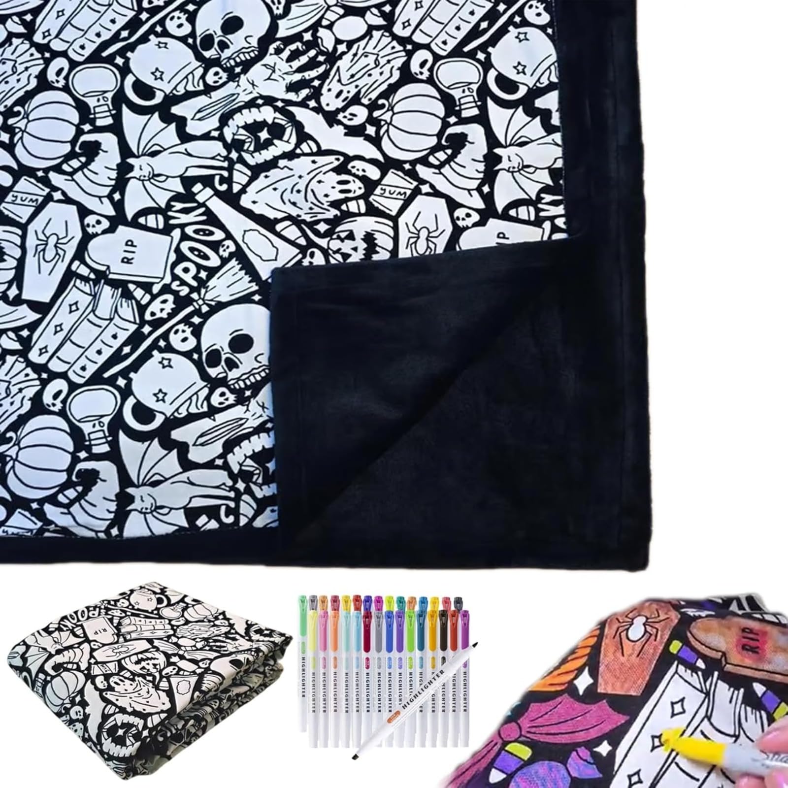 INPUS DIY Coloring Blanket, Coloring Blankets for Adults, Color Your Own Blankets, Creative Personalized Drawing Art Project, Soft Cozy Fleece Drawing Throw Bedroom Decor including colored pencils