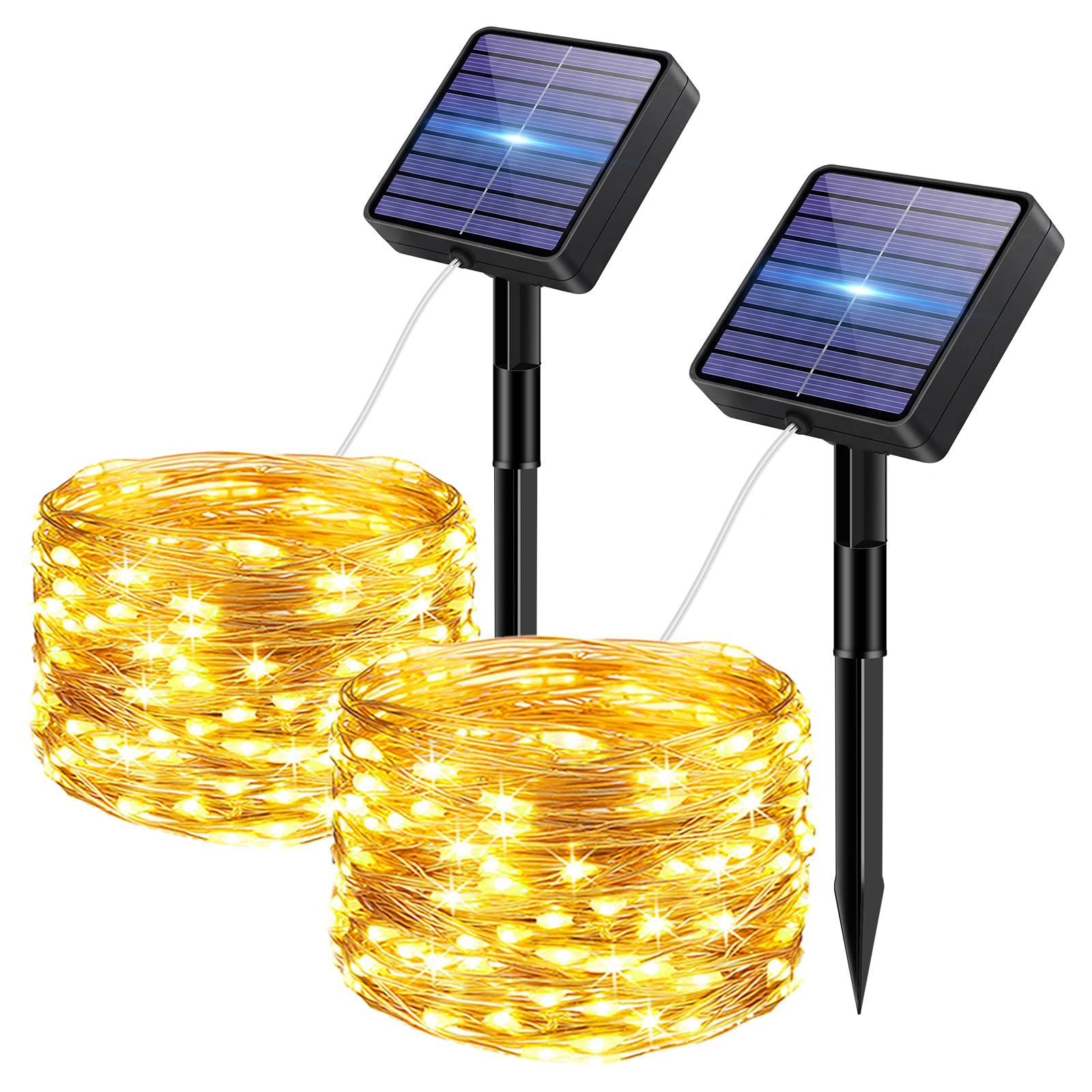 2 Paquete Guirnaldas Luces Exterior Solar, 5+2M 50 LED 8 Modos Luces Solares LED Exterior Jardin, Impermeable IP65 Luz Navidad Exteriors Solares para Exteriores Decoracion Arbol, Blanco Calido