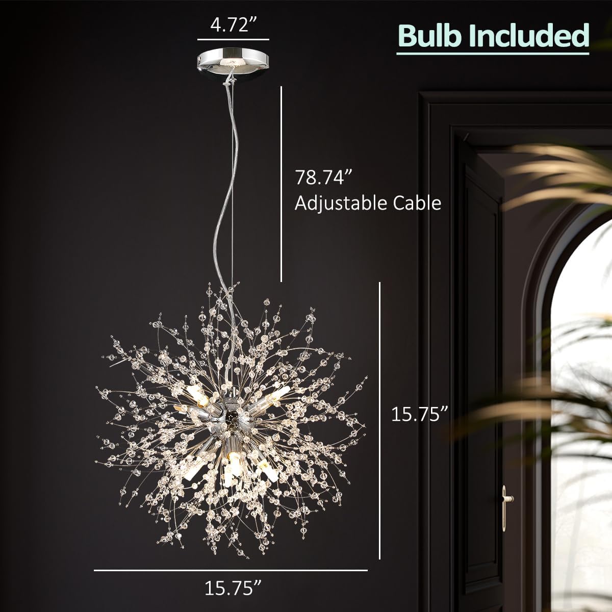 Modern Small Chandelier, 8 Lights Chrome Firework Chandelier, Dandelion Crystal Chandeliers for Entryway, Sputnik Pendant Light Fixture for Dining Room