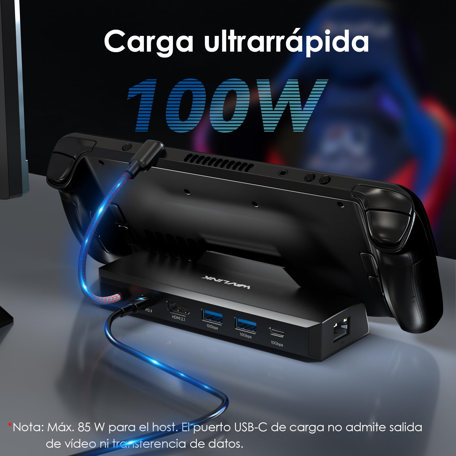 WAVLINK Base para Steam Deck, estación de Acoplamiento 6 en 1 para Steam Deck/ROG Ally con HDMI 2.1 4K a 144 Hz, Entrada PD de 100 W, 3 Puertos USB 3.2 de 10 Gbps y RJ45 Gigabit. | Entrada de 100 W, Gigabit RJ45, 2 × USB-A 10 Gb, 1 × USB-C 10 Gb, compatib