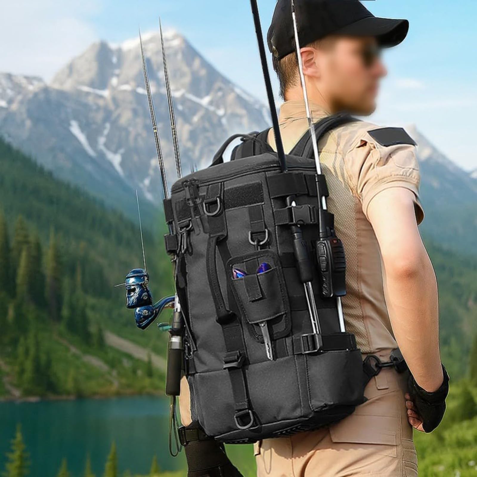 Großer Angelrucksack mit Rutenhalter, Oxford wasserdicht, große Kapazität, Wanderrucksack, Reiserucksack, geeignet für Angeln, Picknicks und Wandern, CP, PVC-Angeltasche für weiche Köder